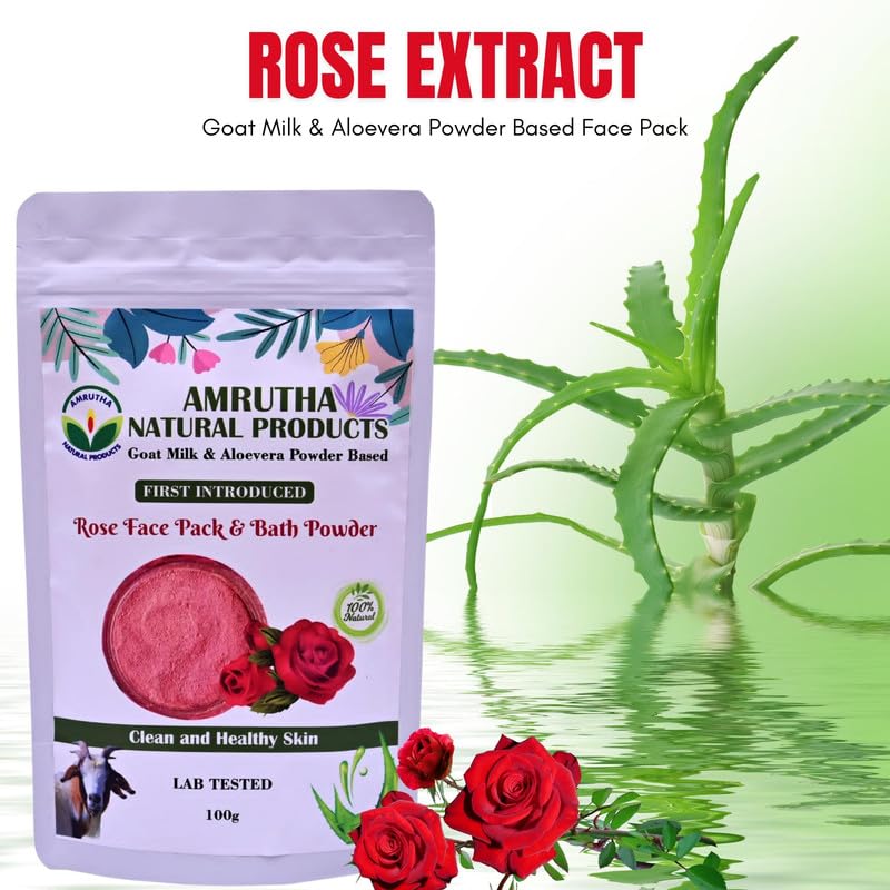**Amrutha Natural Goat Milk & Aloe Vera Powder with Rose Extract Face Pack & Bath Powder – Cleanses Skin, Reduces Pimples, Acne, Marks & Scars – Suitable for All Skin Types – 100g (Pack of 2) | Perfect for Daily Skincare & Relaxing Baths**