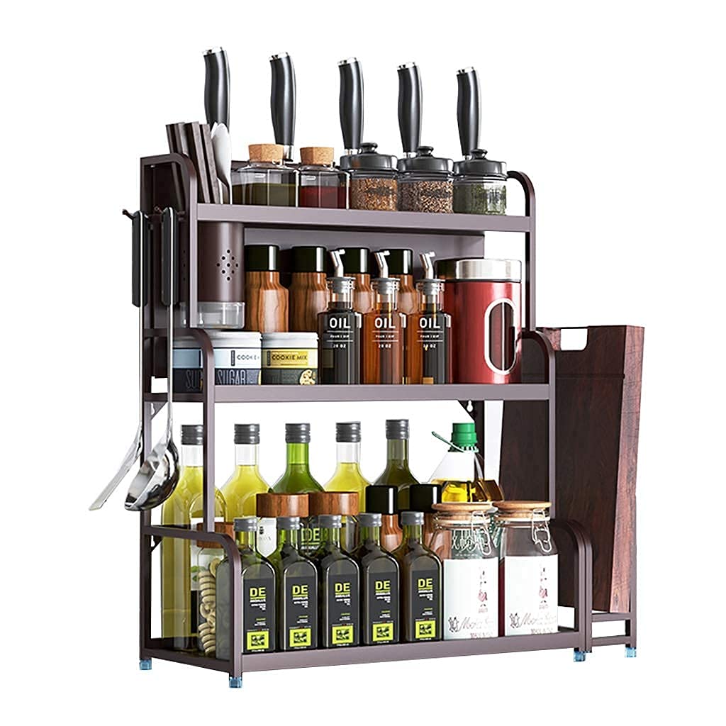 3-Tier Stainless Steel Spice Rack Organizer with Non-Slip Base - Large Capacity Kitchen Storage for Spice Jars, Bottles & Cans - Includes Utensil & Knife Holders + Hooks (Coffee Gold) - Perfect for Pantry, Countertop & Cabinet Organization