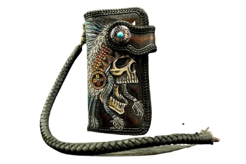 Handmade 3D Genuine Leather Biker Wallet for Men - Custom Hand-Carved & Hand-Painted with Native American Skull & Skeleton Design - Perfect for Motorcycle Riders, Gift Giving & Western Fashion Enthusiasts