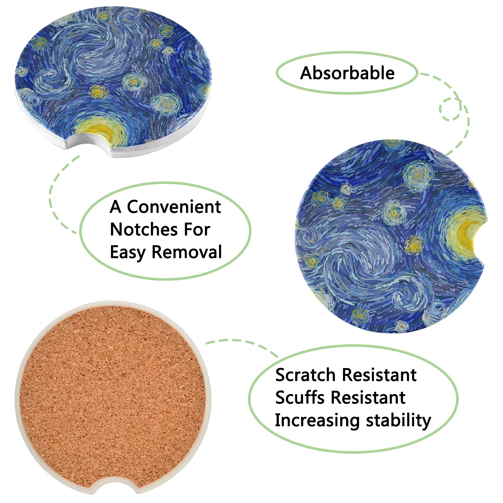 Starry Night Car Coasters 2 Pack - Absorbent Ceramic Stone Cup Holders with Non-Slip Grip for Cars, SUVs & Trucks | Perfect for Coffee, Soda & Water Bottles