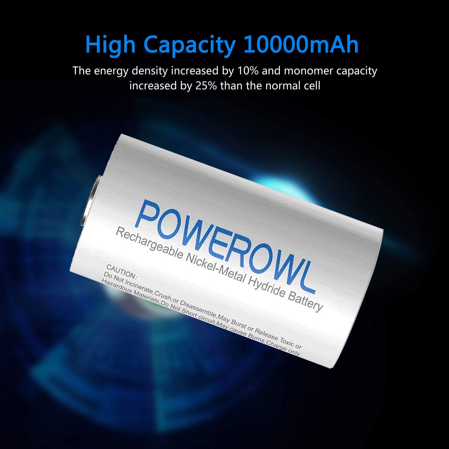 POWEROWL Rechargeable D Batteries 10000mAh - 4 Pack NiMH Low Self Discharge Pre-Charged Batteries for Flashlights, Toys, Radios & Emergency Devices - Universal Rechargeable Battery Solution