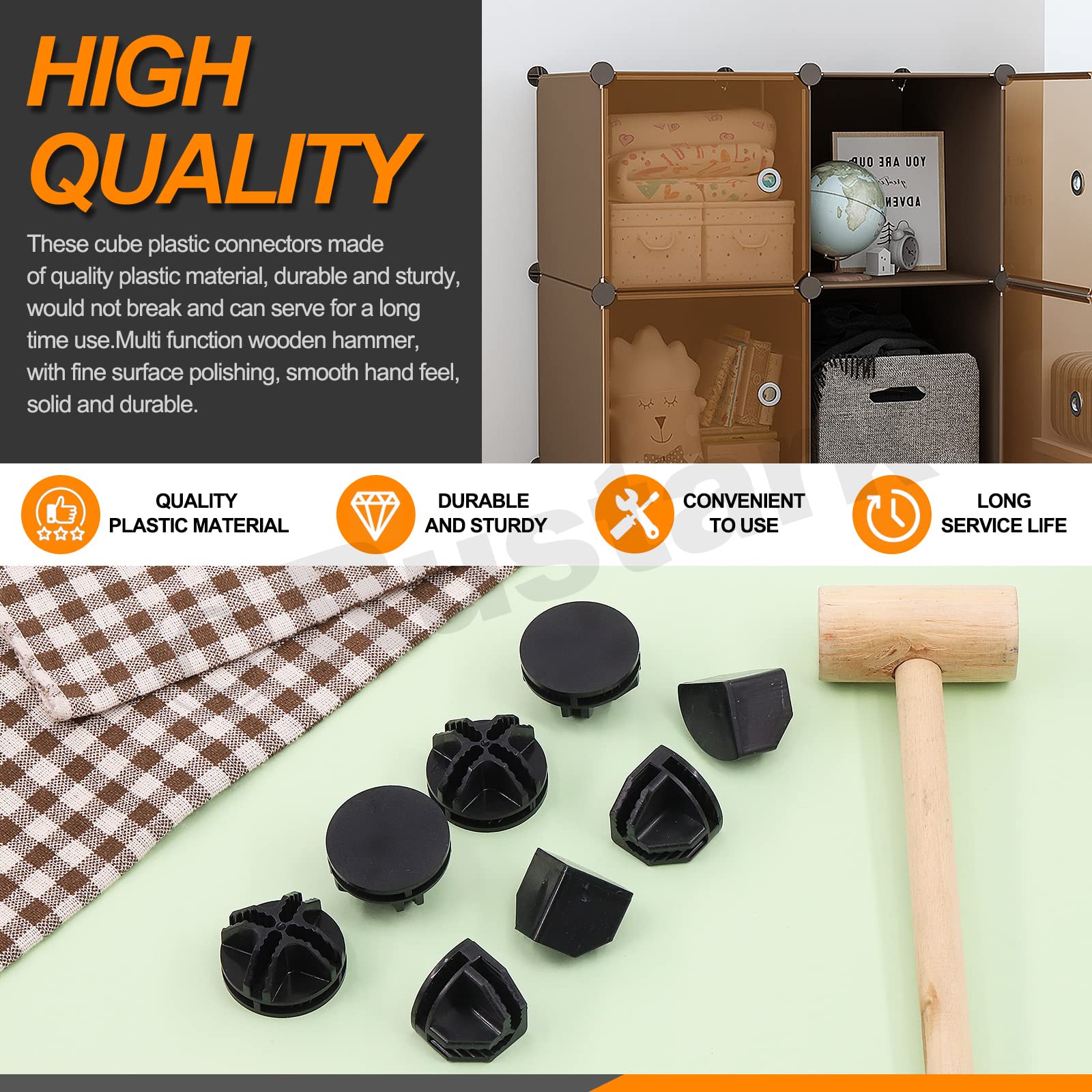 91Pcs Black Wire Grid Cube Connectors with Zip Ties & Wooden Hammer - Modular Closet Organizer, DIY Storage Shelving Connectors for Home Office, Closet, Garage & Pantry Organization (Perfect for Closet Shelves, Wire Grid Storage & DIY Furniture Projects)