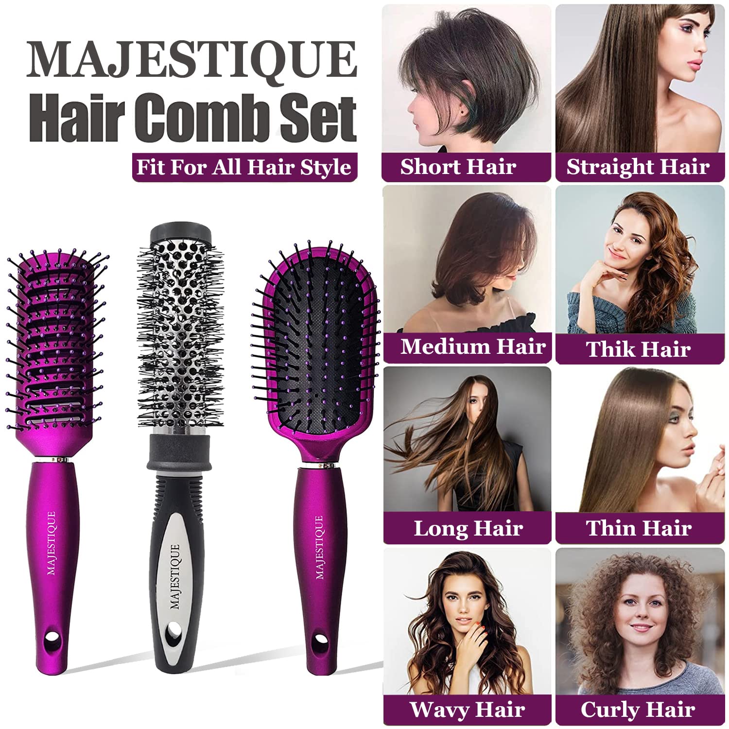 Majestique Hair Brush Set - Detangling Brush, Round Blow Dry Brush & Vent Hair Brush for Smooth Styling - Professional Hair Brushes for Women (Purple/Black) - Perfect for Home Salon, Travel & Daily Hair Care