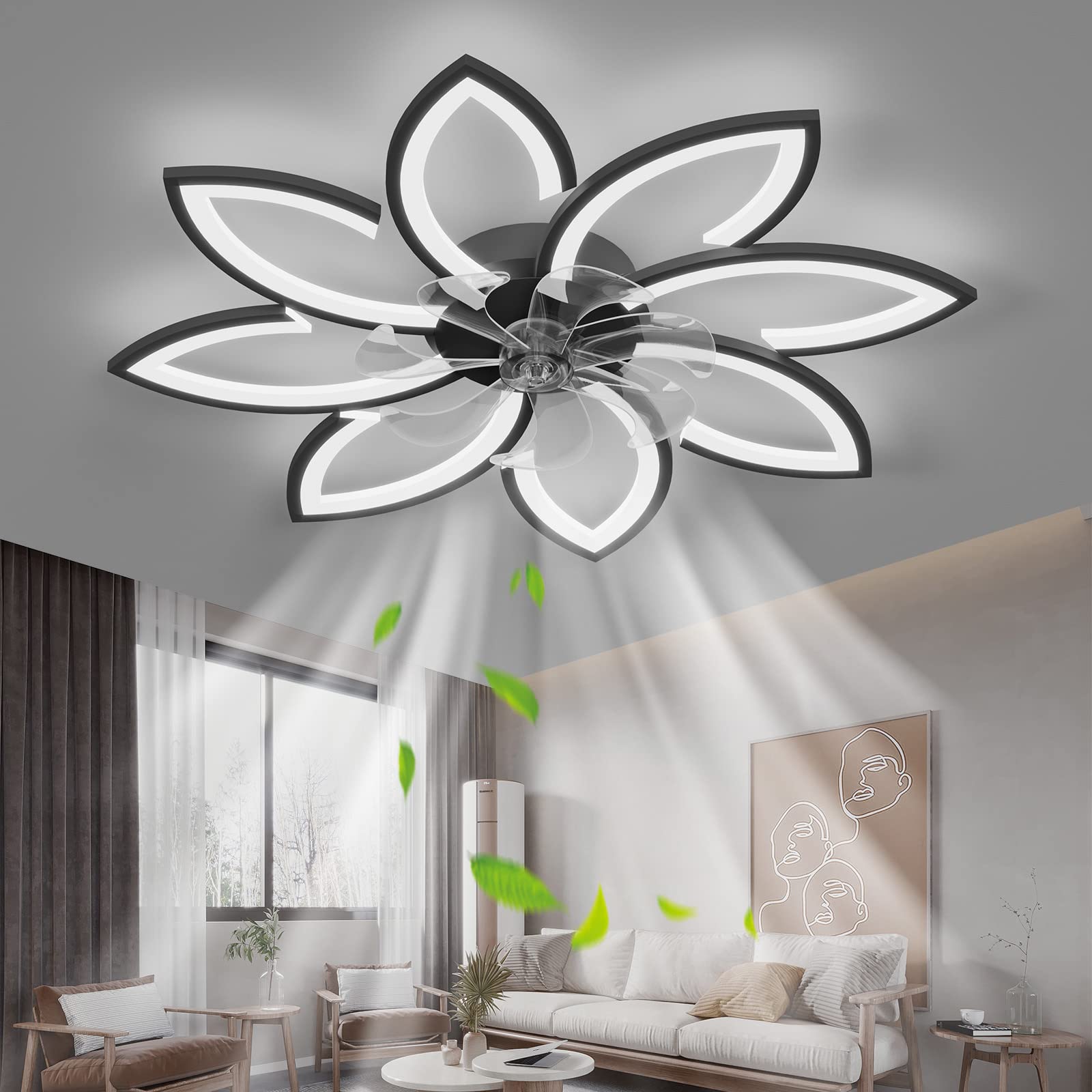 35'' Modern Bladeless Ceiling Fan with Dimmable LED Lights - 6 Speed Remote Control, Reversible Flush Mount Low Profile Design for Bedroom, Living Room & Office (Black) | Energy Efficient Cooling & Ambient Lighting Solution