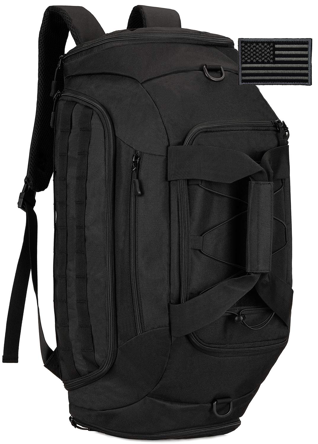 Tactical Duffle Bag 35L - Military MOLLE Gym Backpack for Men, Waterproof Travel Luggage with Rain Cover & Patch - Ideal for Camping, Hiking, Outdoor Sports & Gym Workouts (Black)