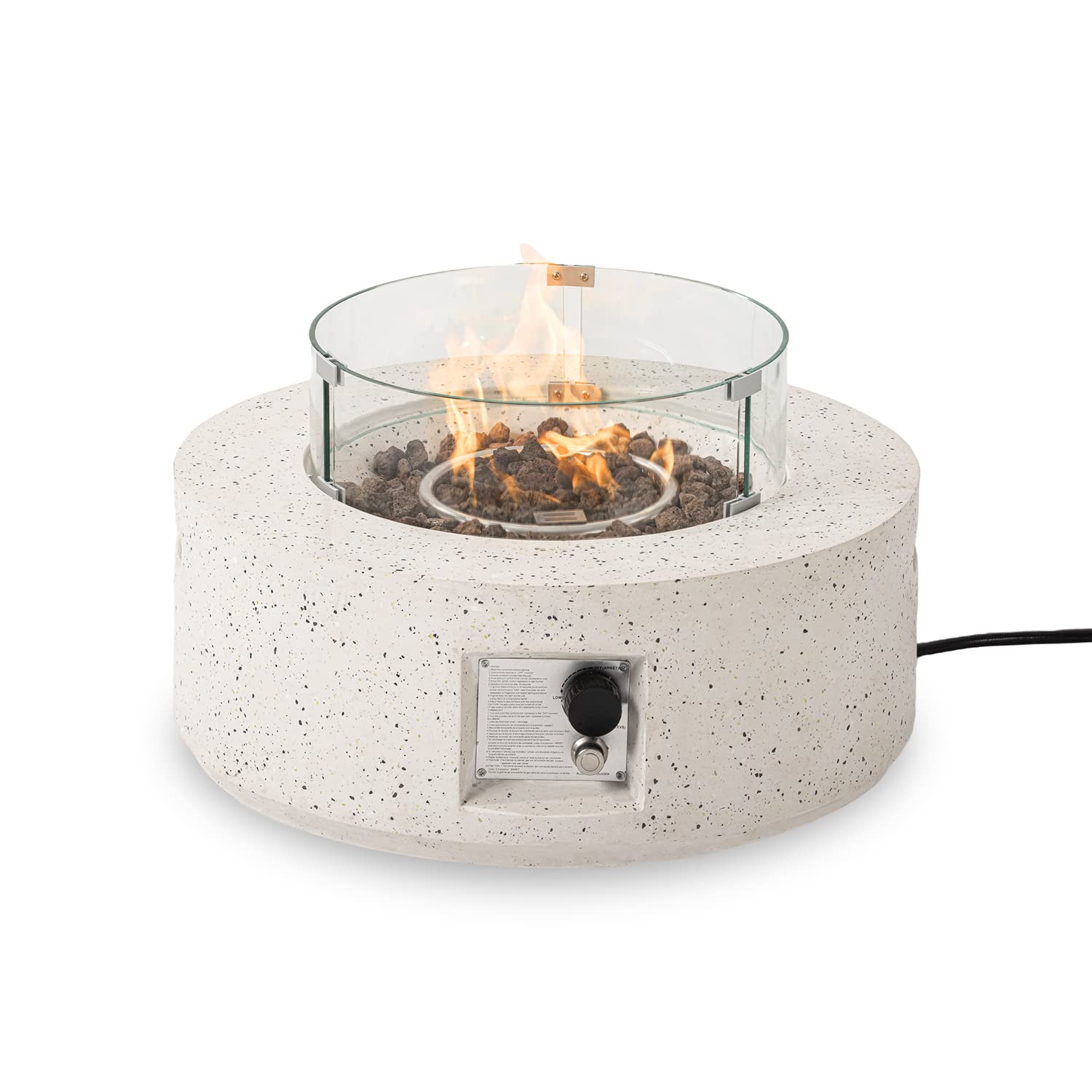 **SUNBURY 28-Inch Round Outdoor Propane Fire Pit Table with Glass Wind Guard - 40,000 BTU Spotted White Patio Gas Fire Table, Includes Waterproof Cover & Lava Rocks - Perfect for Backyard, Deck, or Garden Gatherings**