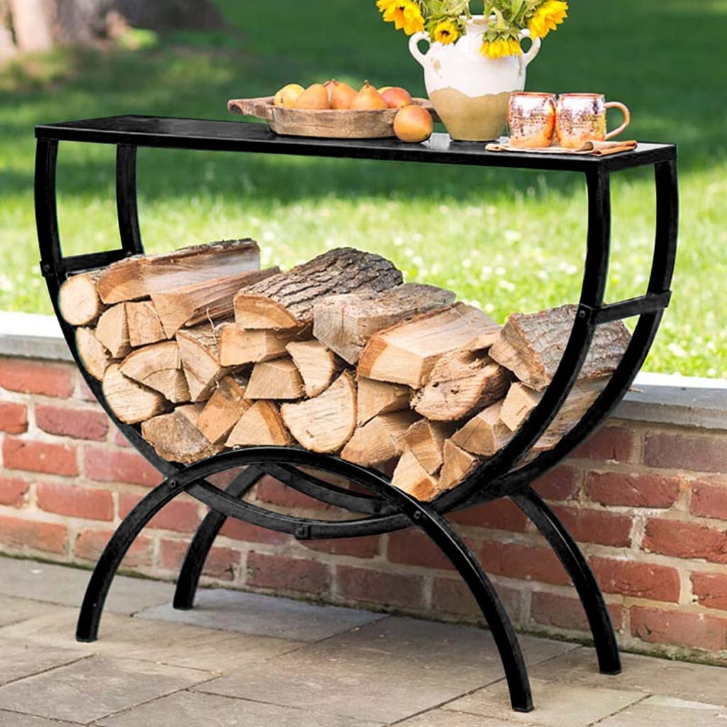 Black Iron Wood Storage Rack - 100x82 Inch Firewood Holder for Outdoor Use, Multi-Functional Entryway Table | Perfect for Patio, Fireplace & Garden Organization