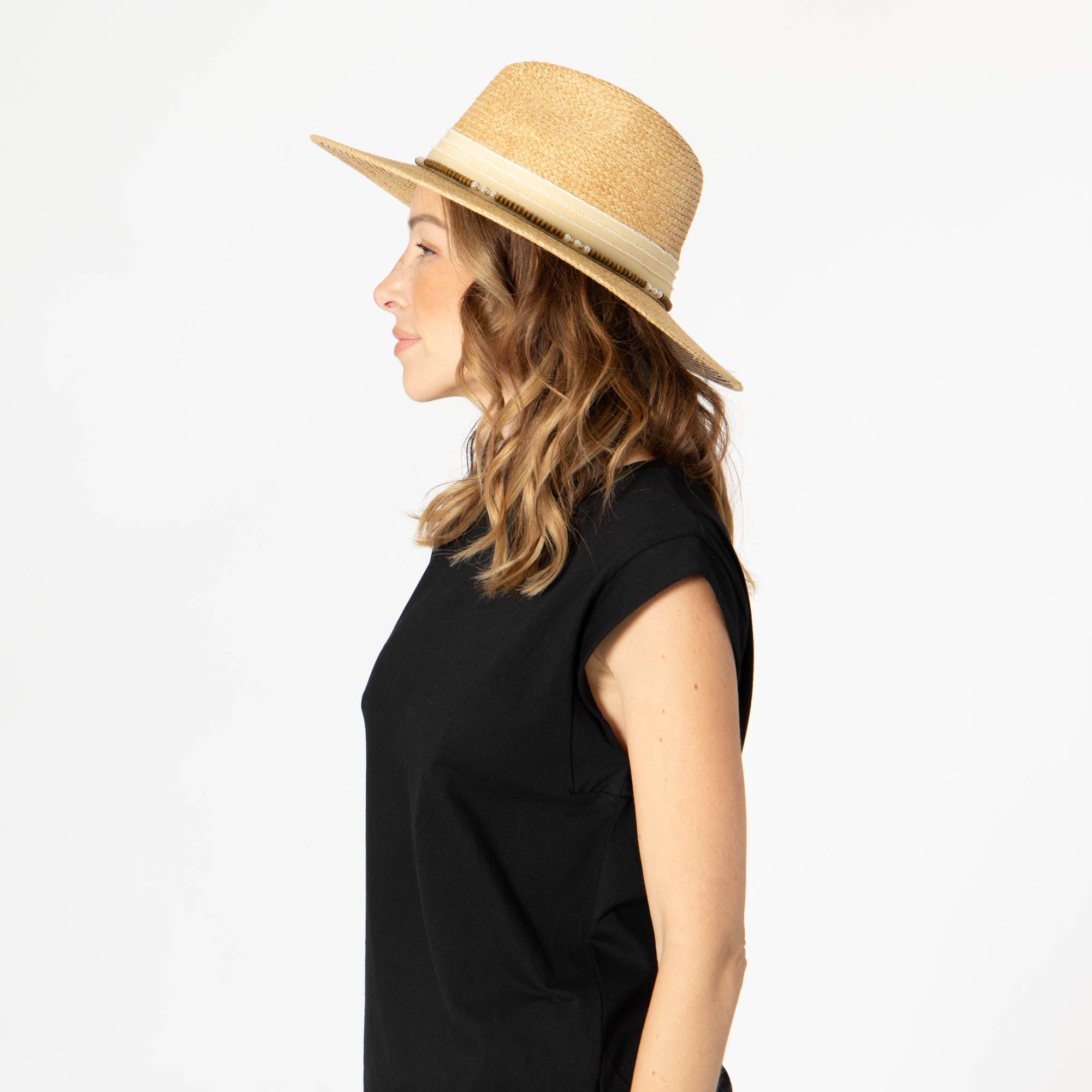Stylish Coco Fedora Hat with Wood Beaded Chain - Fashionable Summer Accessory for Women, Beach Outings & Music Festivals