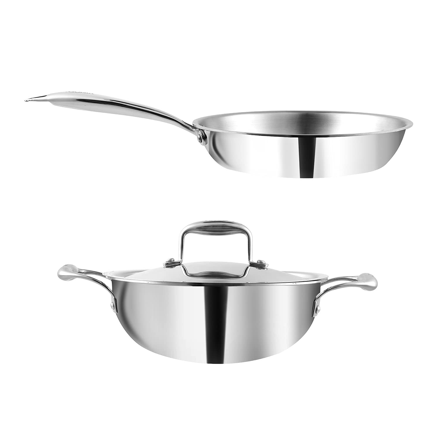 Vinod Platinum Triply Stainless Steel Cookware Set - 2 Piece Induction Base Combo (1.5L Deep Kadai with Lid & 20cm Fry Pan) | Durable 5-Year Warranty | Perfect for Indian Cooking, Stir Frying & Deep Frying | Ideal for Home Kitchens & Restaurants