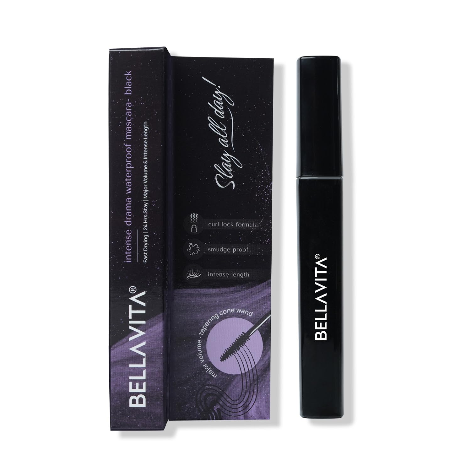 BELLAVITA Intense Drama Waterproof Mascara 8ml - Lengthening & Volumizing Mascara with Curl Lock Formula | Smudge-Proof, Waterproof, Jet Black | Perfect for Daily Wear, Night Out, and Special Occasions