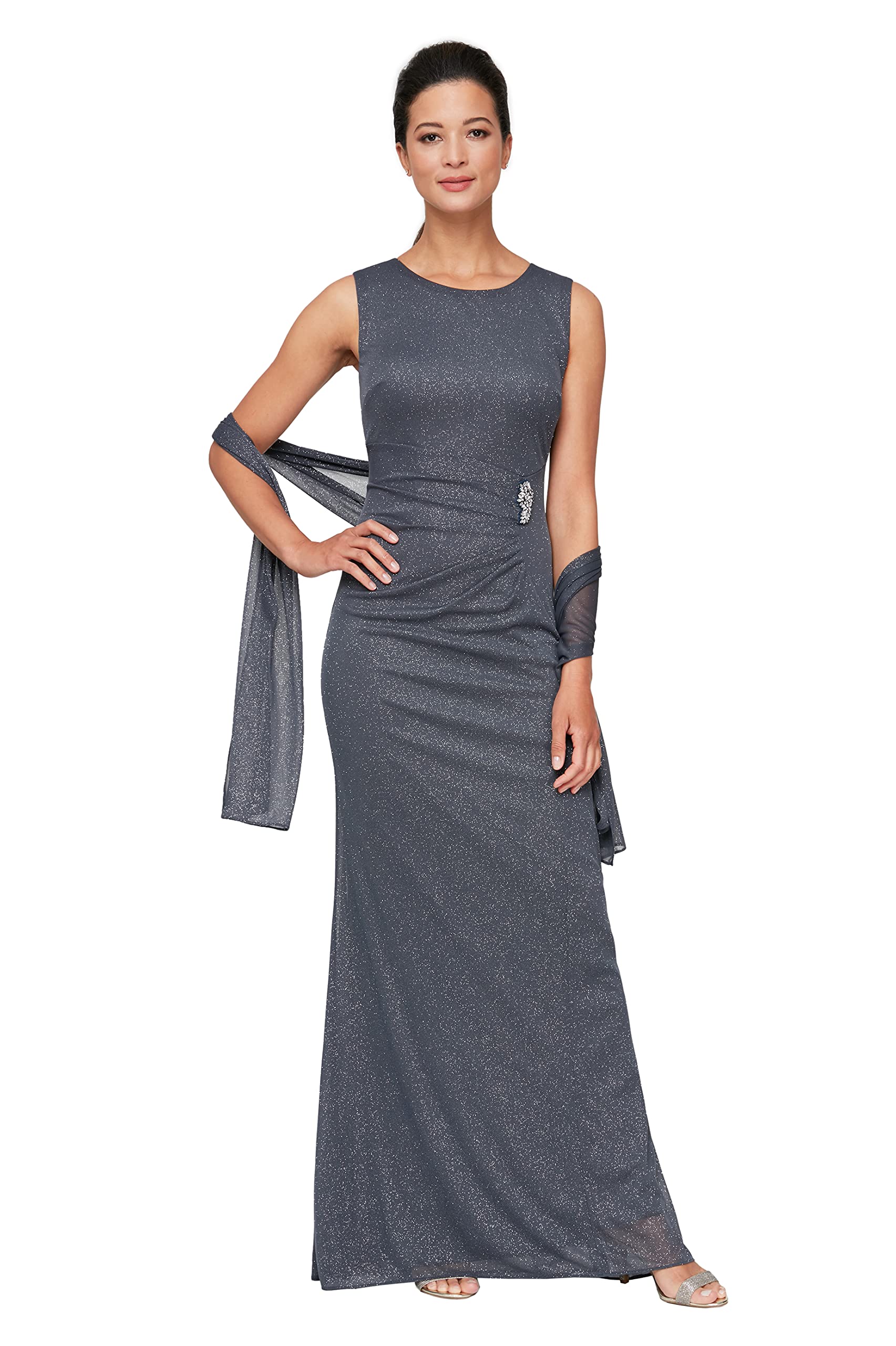 S.L. Fashions Women's Sparkly Long Mesh Sleeveless Party Dress with Embellished Waist & Detachable Shawl - Perfect for Evening Gala, Prom, Cocktail Party & Special Occasions