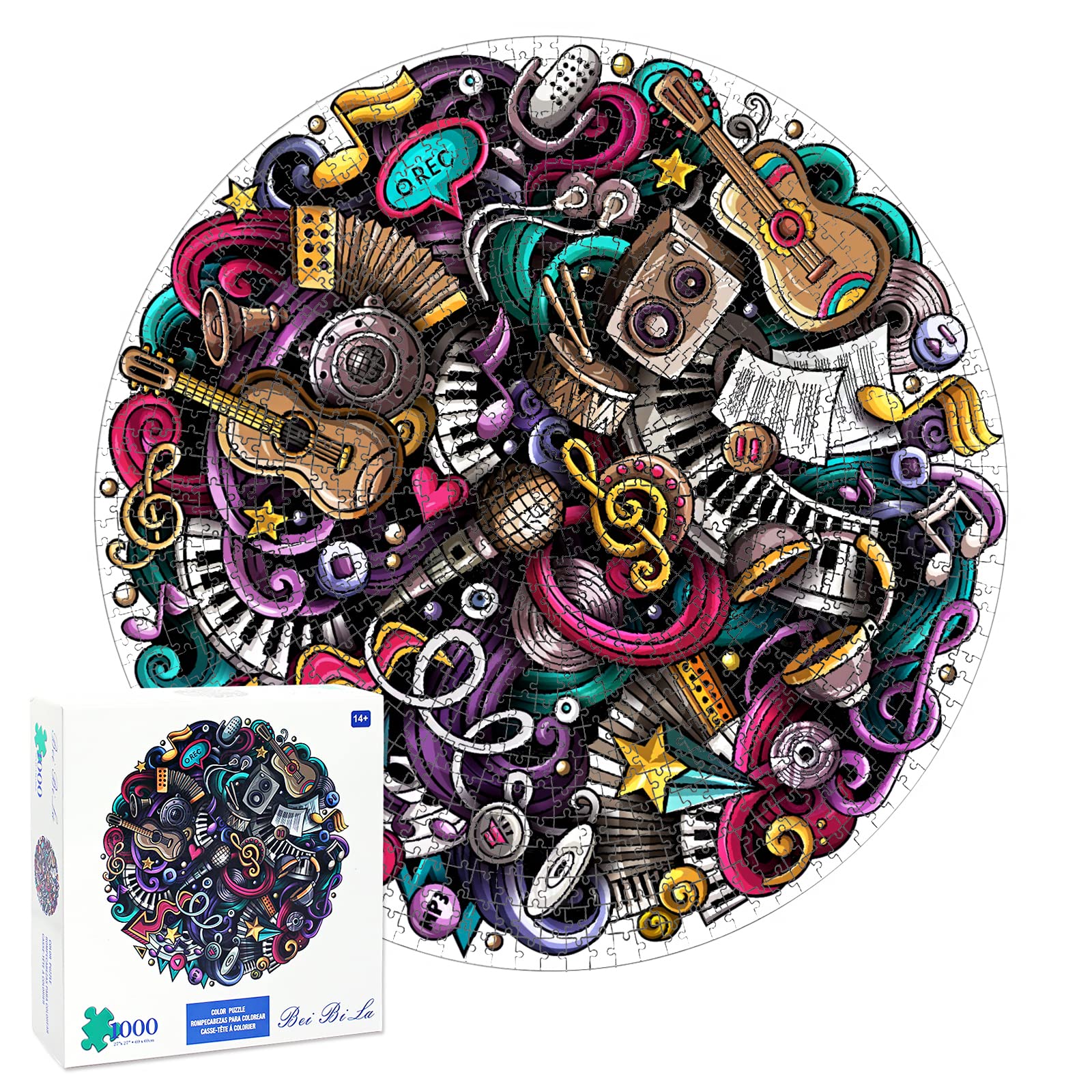 1000-Piece Graffiti Music Jigsaw Puzzle - Creative Geometric Round Colorful Puzzle for Adults & Kids - Challenging Round Jigsaw Puzzle Gift for Birthday, Party & Family Game Night