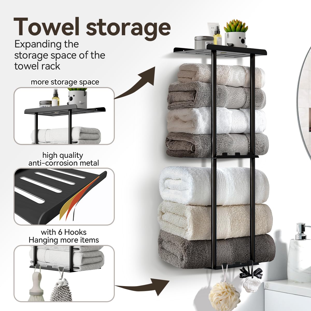 3-Tier Black Metal Wall Mounted Bathroom Towel Rack with Shelf & 6 Hooks - Heavy Duty Towel Holder for Rolled Towels Storage & Organization - Perfect for Small Bathrooms, Laundry Rooms & Spa Spaces