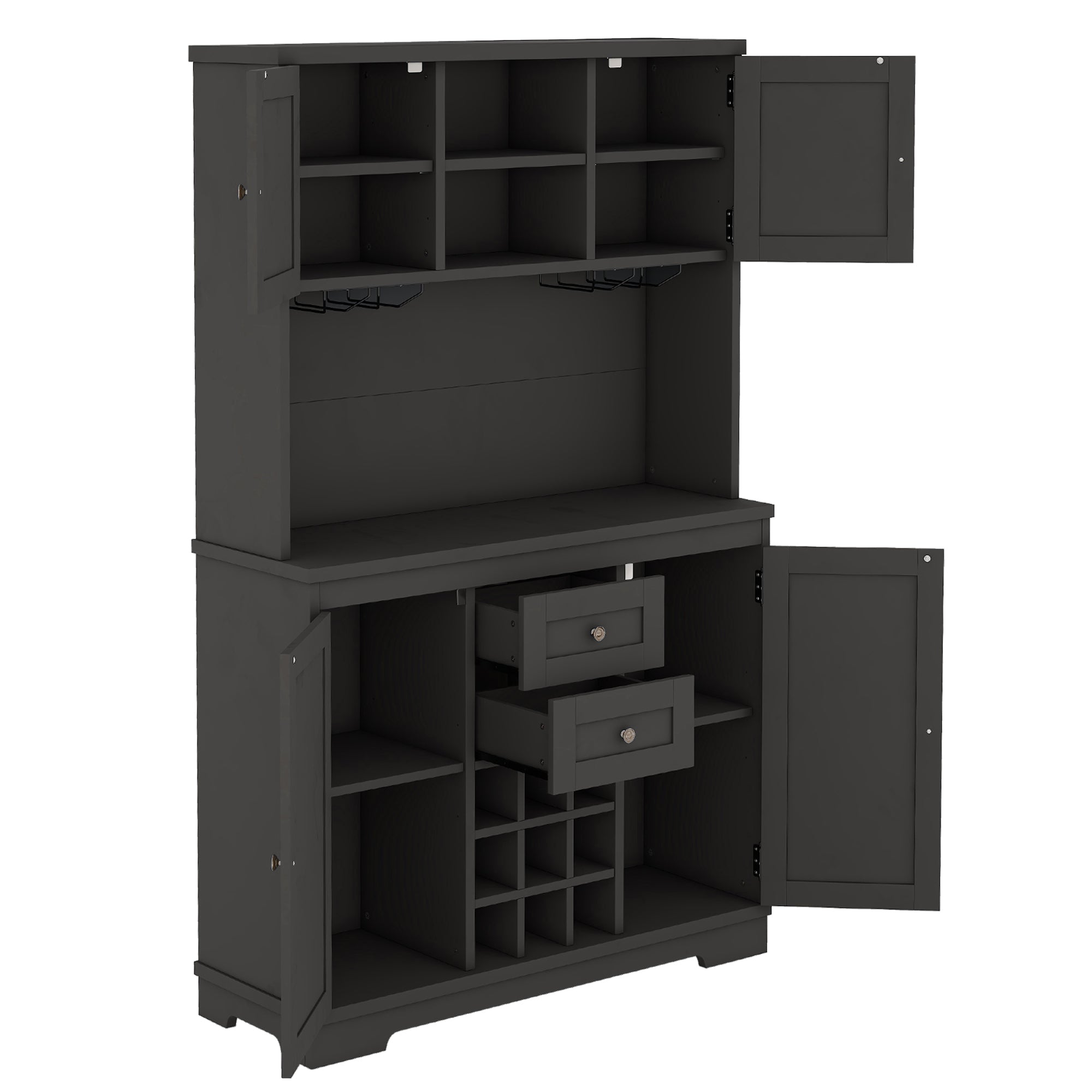 Farmhouse Coffee Bar Cabinet with Storage - Kitchen Buffet Cabinet with Drawers, Shelves & Wine Glass Racks - Rustic Dining Room Furniture for Kitchen, Bar & Entertaining - Black