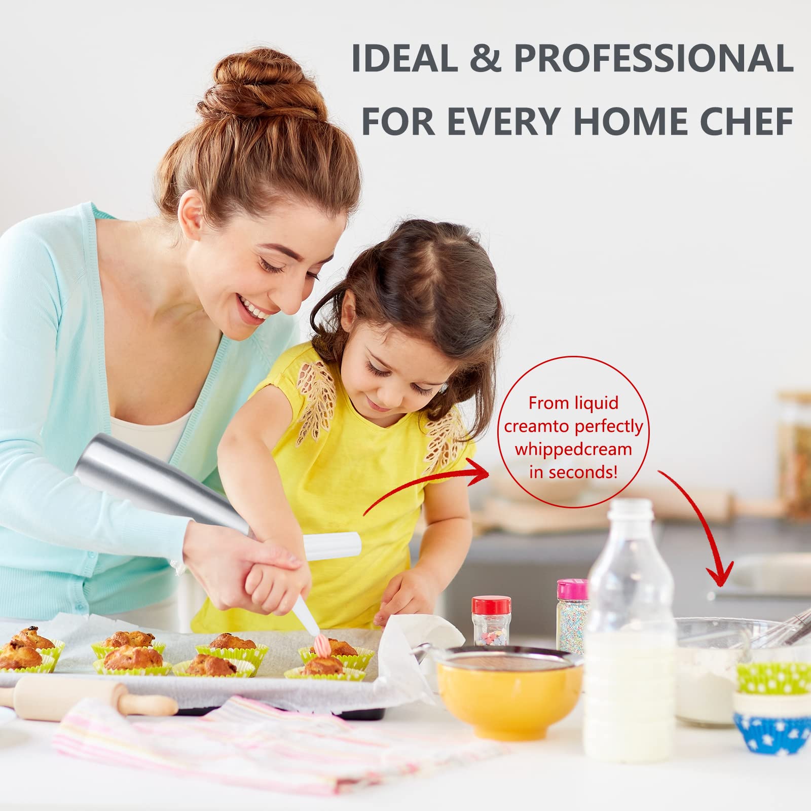 Premium Aluminum Whipped Cream Dispenser - 500ml (1 Pint) Professional Cream Charger with 3 Decorating Nozzles & Cleaning Brush - Ideal for Home Baking, Coffee Shops & Dessert Decorating