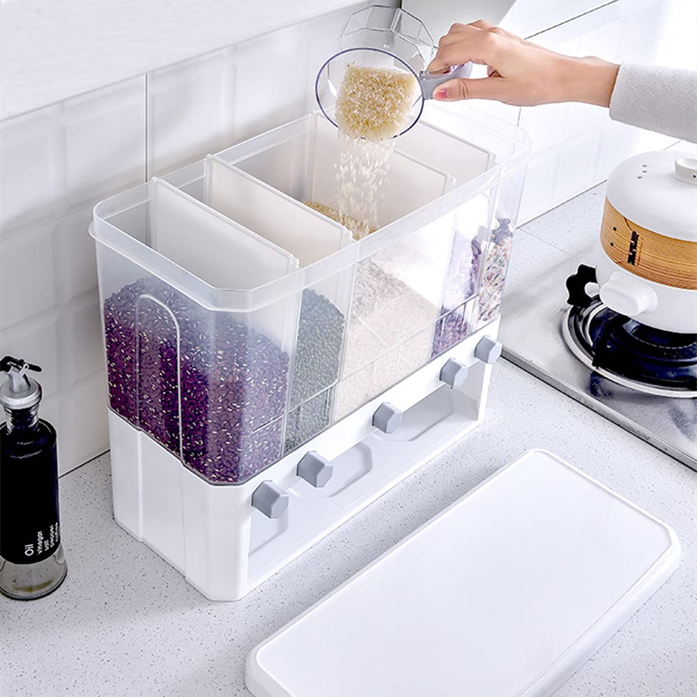 Clear Plastic 5-Grid Cereal Dispenser with Lid - Dry Food Storage Container for Rice, Cereal, Pasta - Perfect for Kitchen Pantry Organization (White)