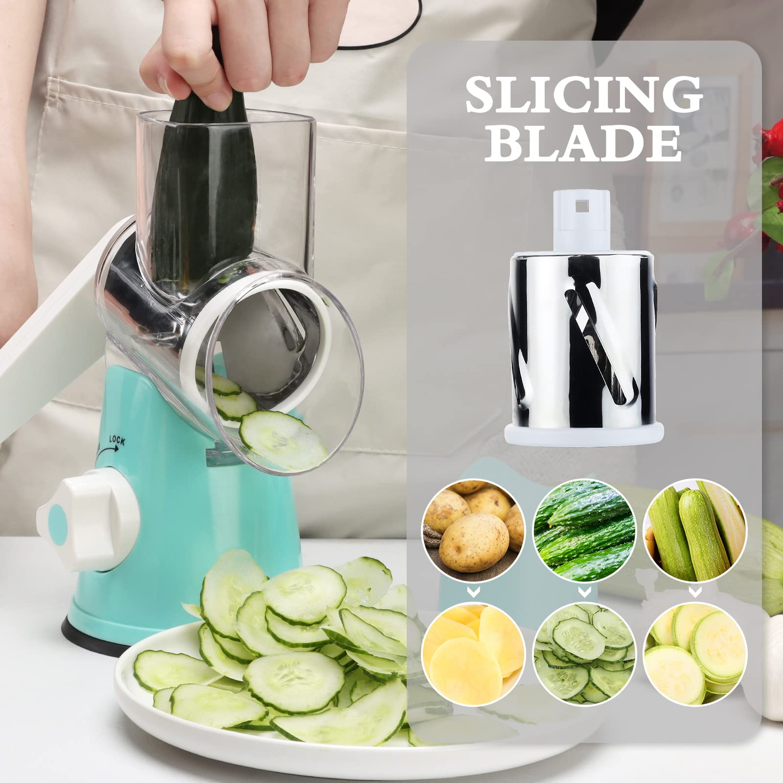 Rotary Cheese Grater - Manual Kitchen Shredder with 3 Interchangeable Blades | Safe Food Grinder for Nuts, Potato, Carrot, Garlic & Walnut | Perfect for Salads, Pasta, Pizza & Baking (Blue)
