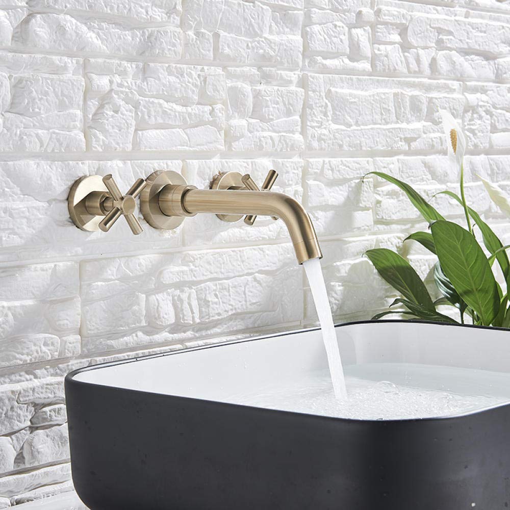 Brushed Gold Wall Mounted Bathroom Sink Faucet - Double Handle Hot and Cold Mixer Tap for Modern Bathroom Vanity | Perfect for Small Spaces and Powder Rooms