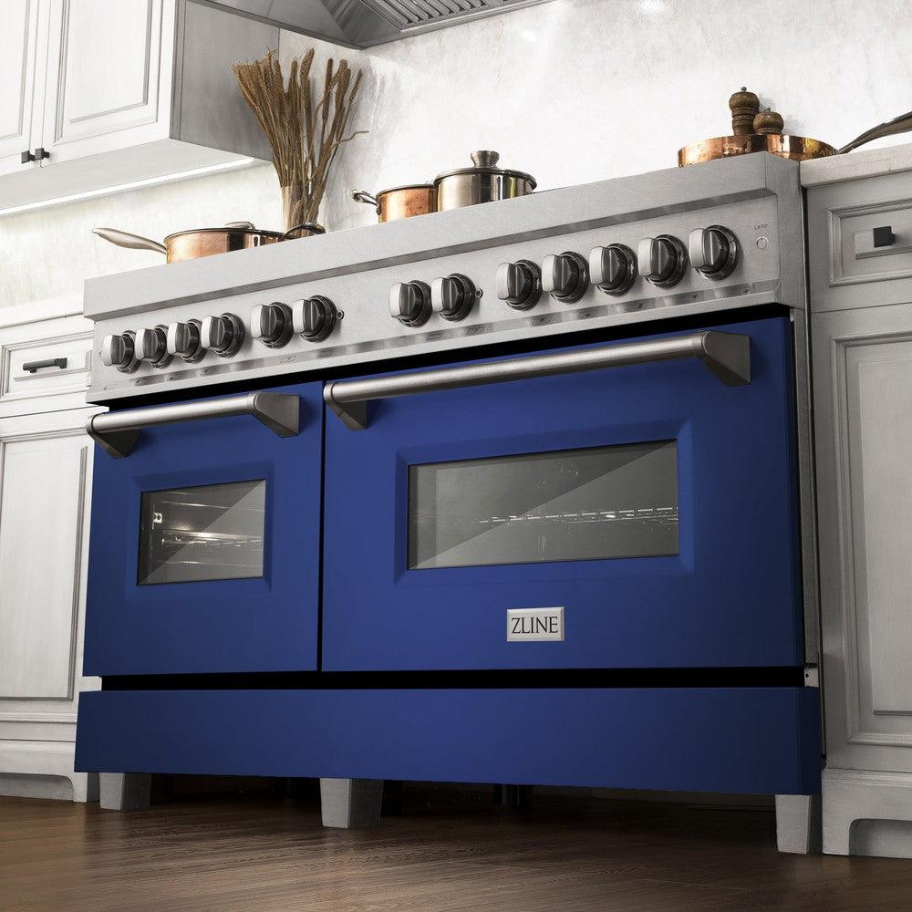 ZLINE 60-Inch 7.4 cu.ft Dual Fuel Range with 9-Burner Gas Cooktop & 2 Electric Convection Ovens - Satin Stainless Steel with Blue Matte Doors (RAS BM 60) for Professional Home Kitchens and Gourmet Cooking