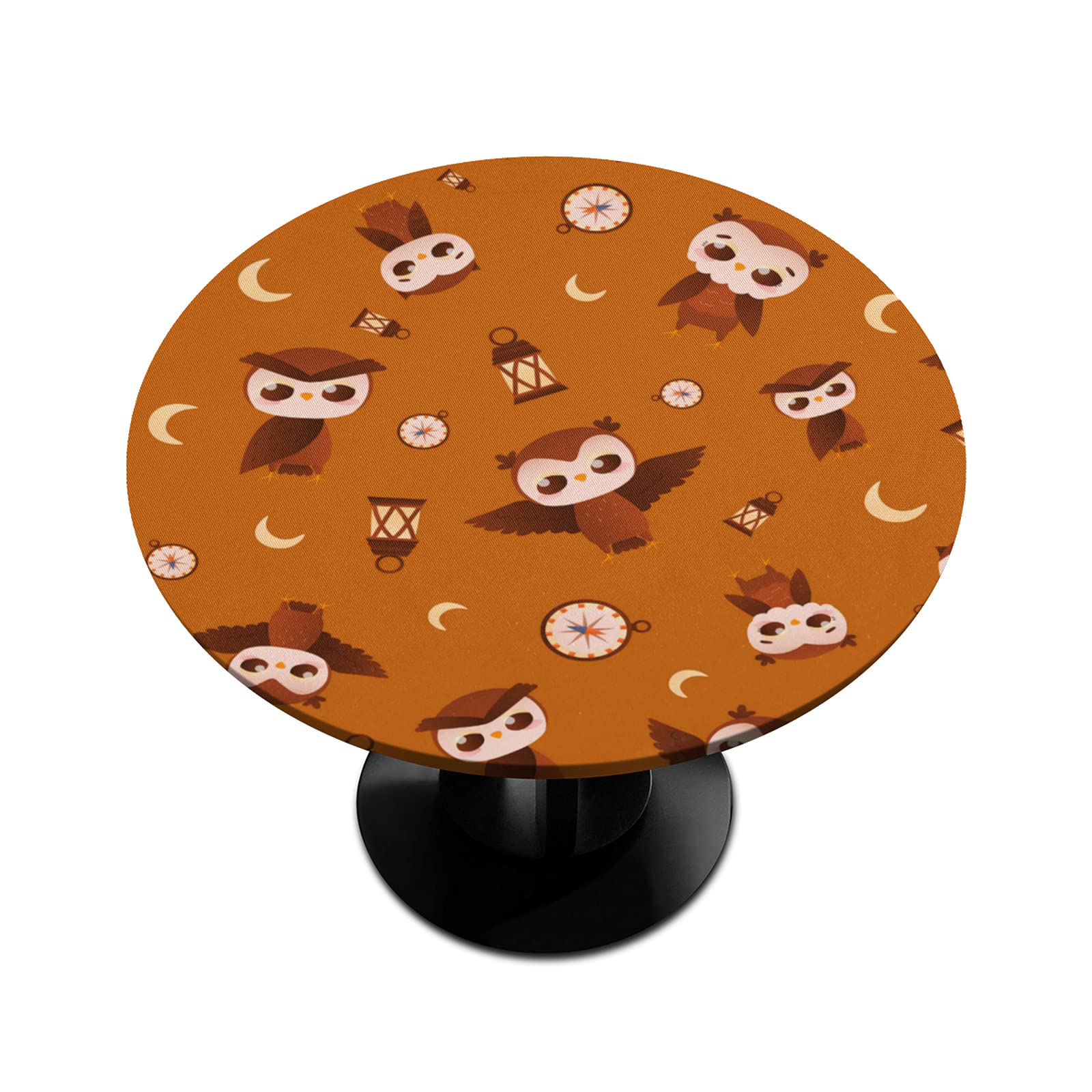 Elastic Edge Round Fitted Tablecloth - Cute Owl & Moon Design Wipeable Table Cover for Indoor/Outdoor Use (Fits 45-56 inch Diameter Tables) - Perfect for Dining Room, Kitchen, Patio, Picnic & Party Decor