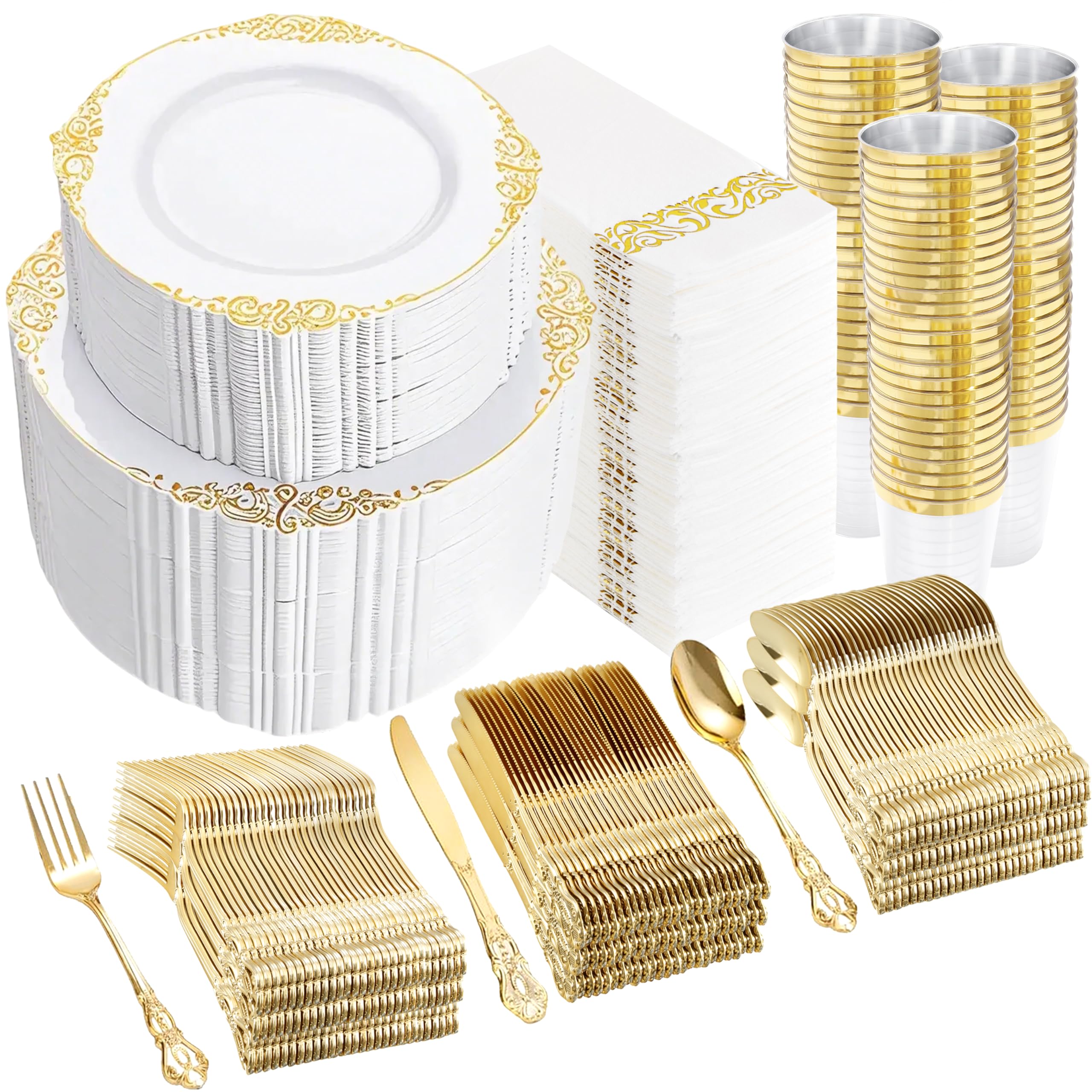 YOUBET 700-Piece Gold Plastic Dinnerware Set - Elegant White & Gold Disposable Plates (200 Plates, 300 Heavy Duty Forks/Spoons/Knives, 100 Cups & 100 Napkins) - Perfect for Weddings, Parties, Bridal Showers & Large Gatherings of 100+ Guests