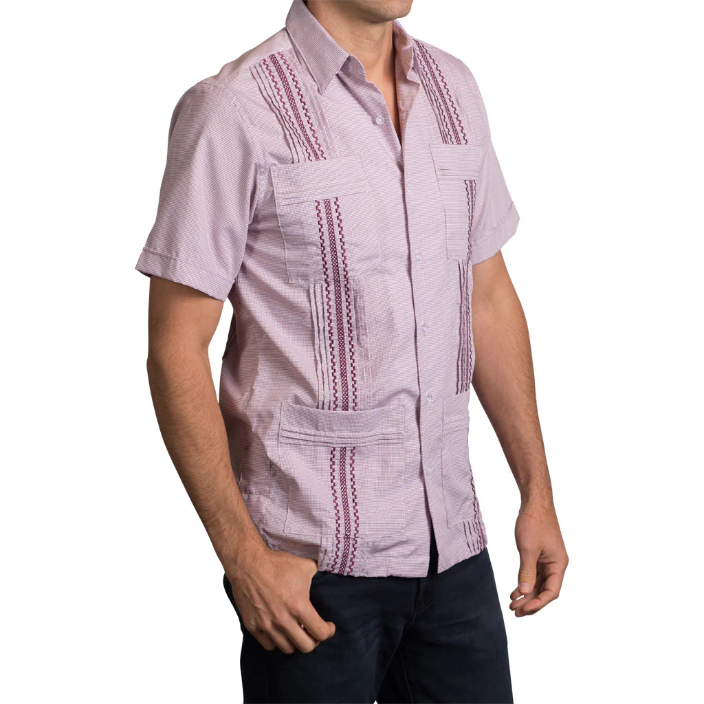 San Cristobal Maroon Check Short Sleeve Guayabera Shirt for Men - Casual Summer Wear, Beach Outfits, and Tropical Vacations