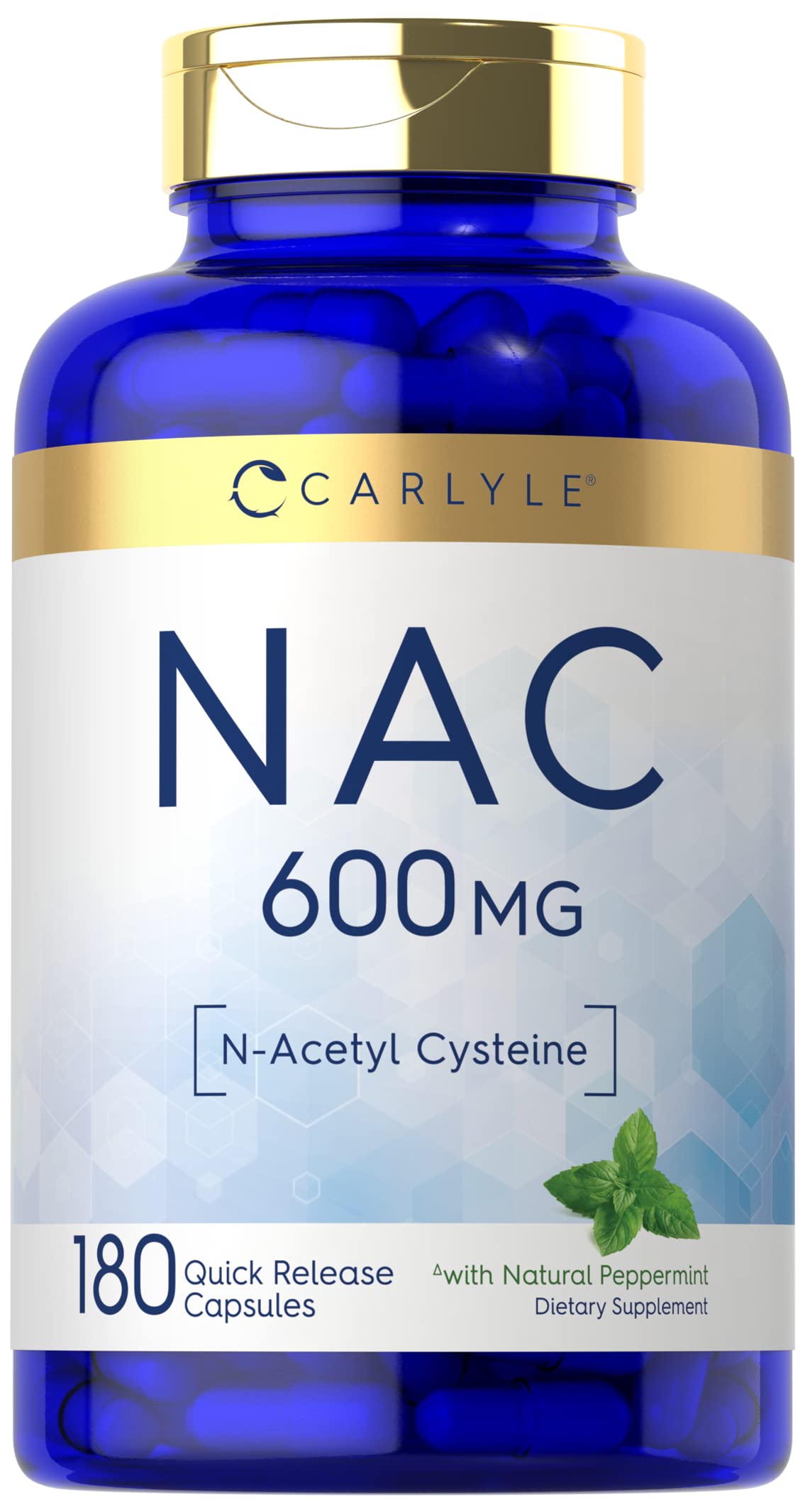 Carlyle NAC N-Acetyl Cysteine 600mg Supplement - 180 Capsules with Peppermint | Free Form, Non-GMO, Gluten Free | Supports Liver Health & Detox | for Daily Wellness & Immune Support