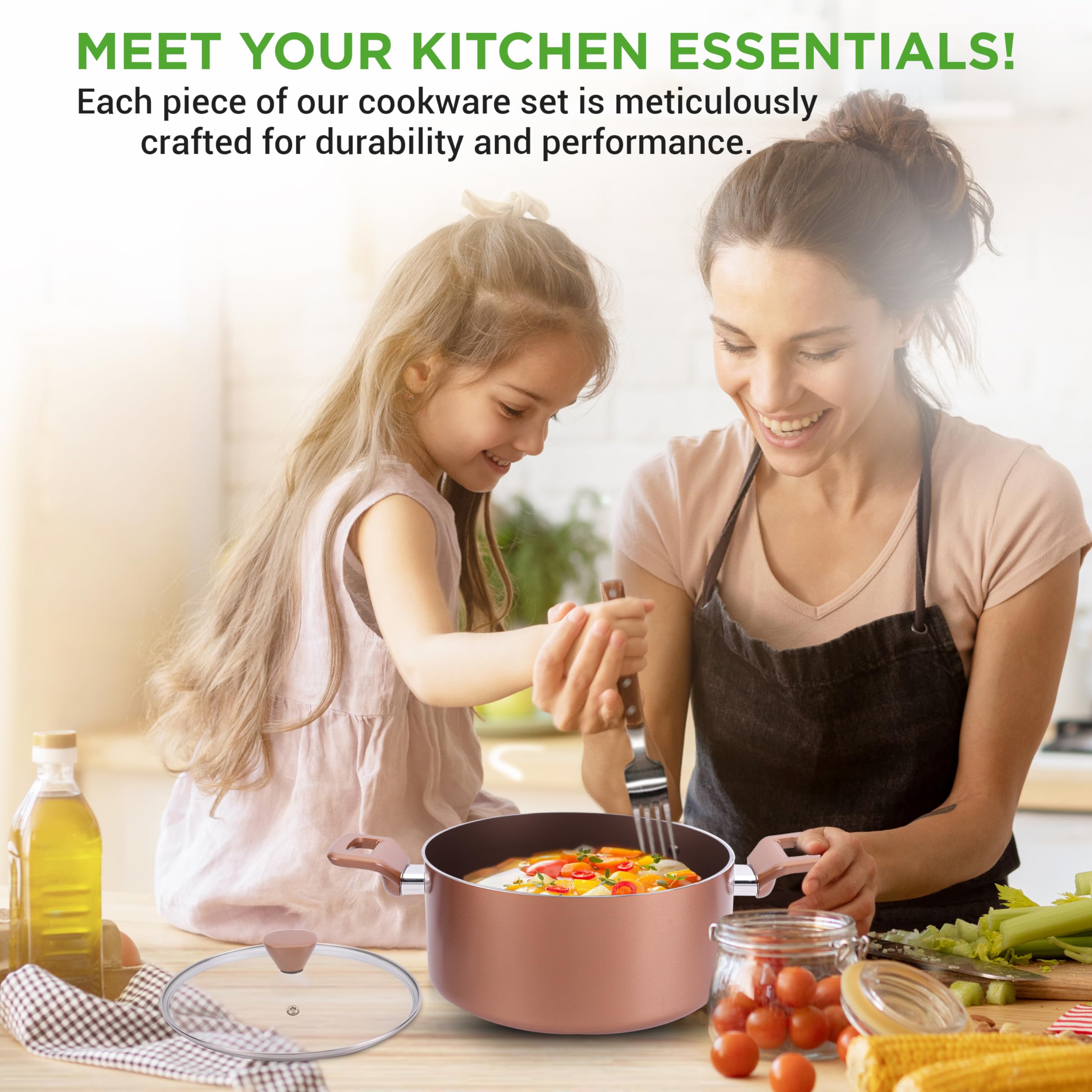 NutriChef 13-Piece Nonstick Cookware Set - PTFE/PFOA/PFOS-Free, Heat Resistant Pots & Pans with Saucepan, Frying Pans, Casserole, Lids & Kitchen Utensils - Brown (NCCWA13BR) - Perfect for Home Cooking, Meal Prep & Family Dinners