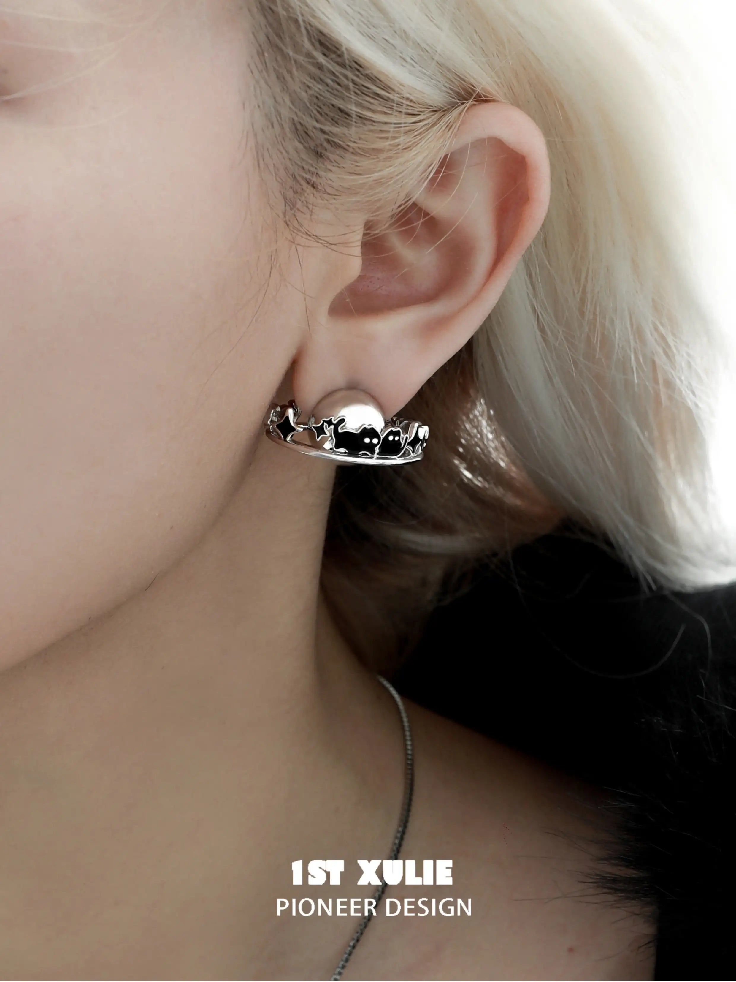 Ghosts Black Cat S925 Sterling Silver 18K Black Gold Plated Planets Earrings™ - Perfect for Halloween, Cosplay & Gothic Jewelry Lovers