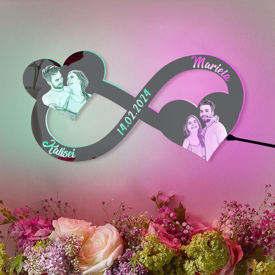 Custom LED Light Up Couple Name Wall Mirror - Personalized Acrylic Photo Mirror with Infinity Heart Design, Wedding Anniversary Gift for Wife, Girlfriend - Perfect for Bedroom Decor, Romantic Proposal, Valentine's Day & Home Decoration
