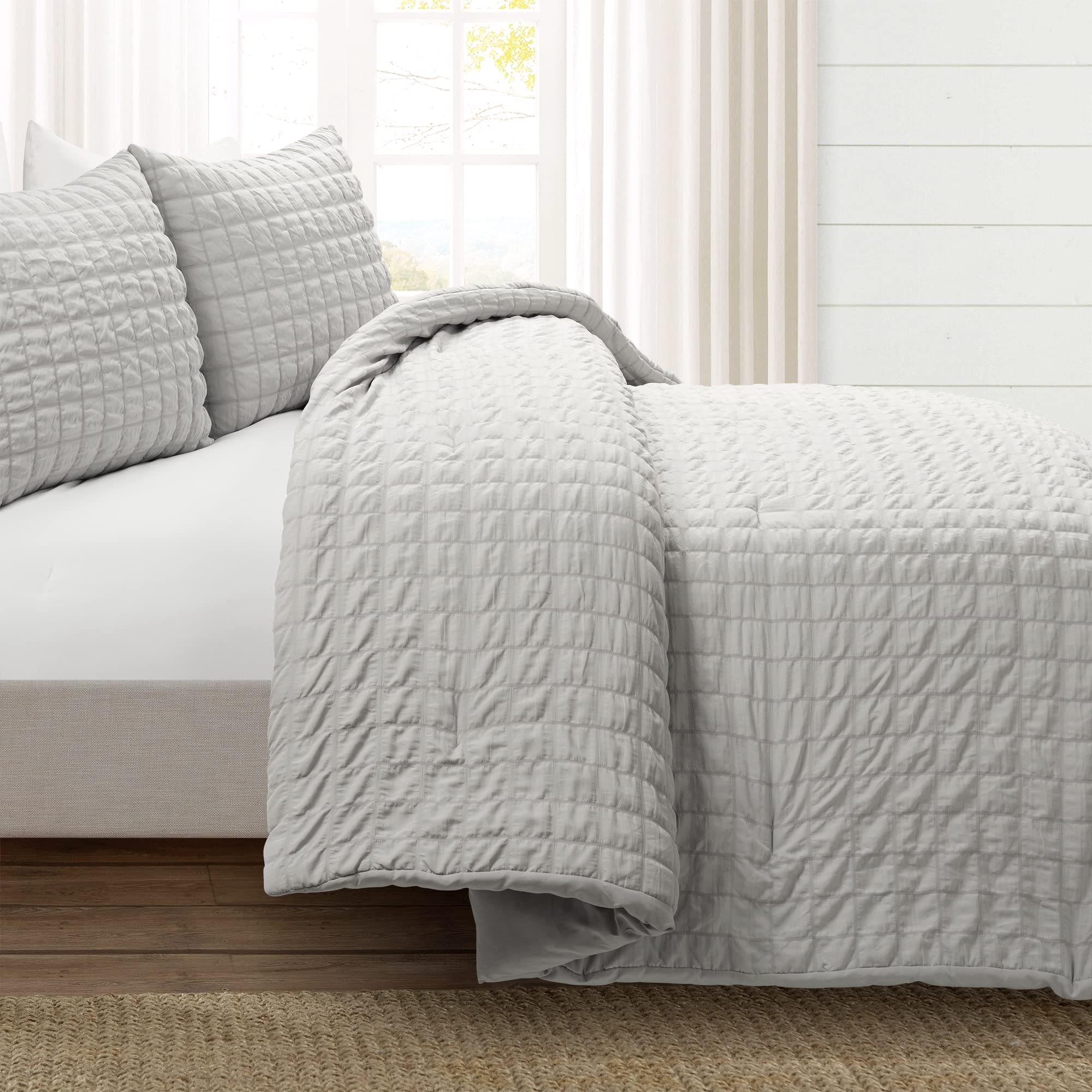 Lush Decor Crinkle Dobby Comforter Set - Full/Queen, Light Gray for Cozy Bedroom