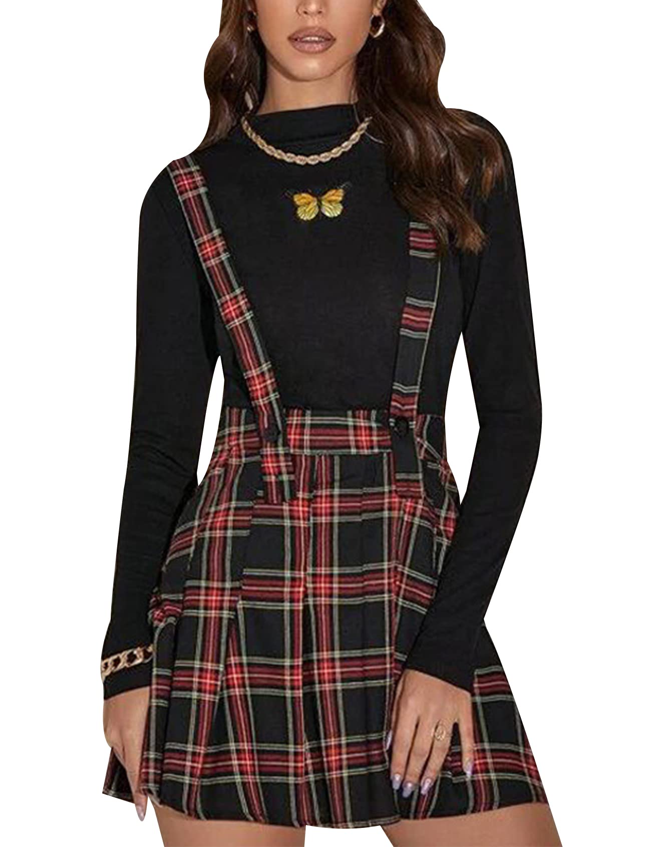 Arssm Women's Vintage Plaid Tweed Pinafore Dress - Button Front V-Neck Mini Overalls | Casual Outfits, Retro Fashion & Fall Layering
