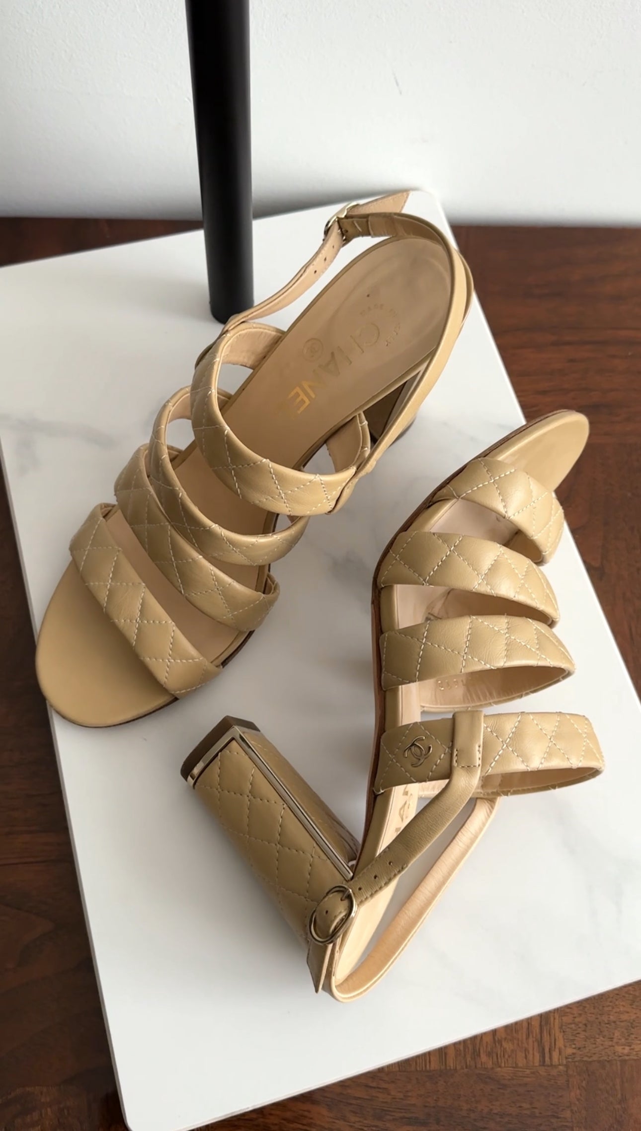 Chanel Beige Quilted Leather Block Heel Sandals Women's Size 40 - Luxury Designer Shoes for Parties, Weddings & Special Occasions