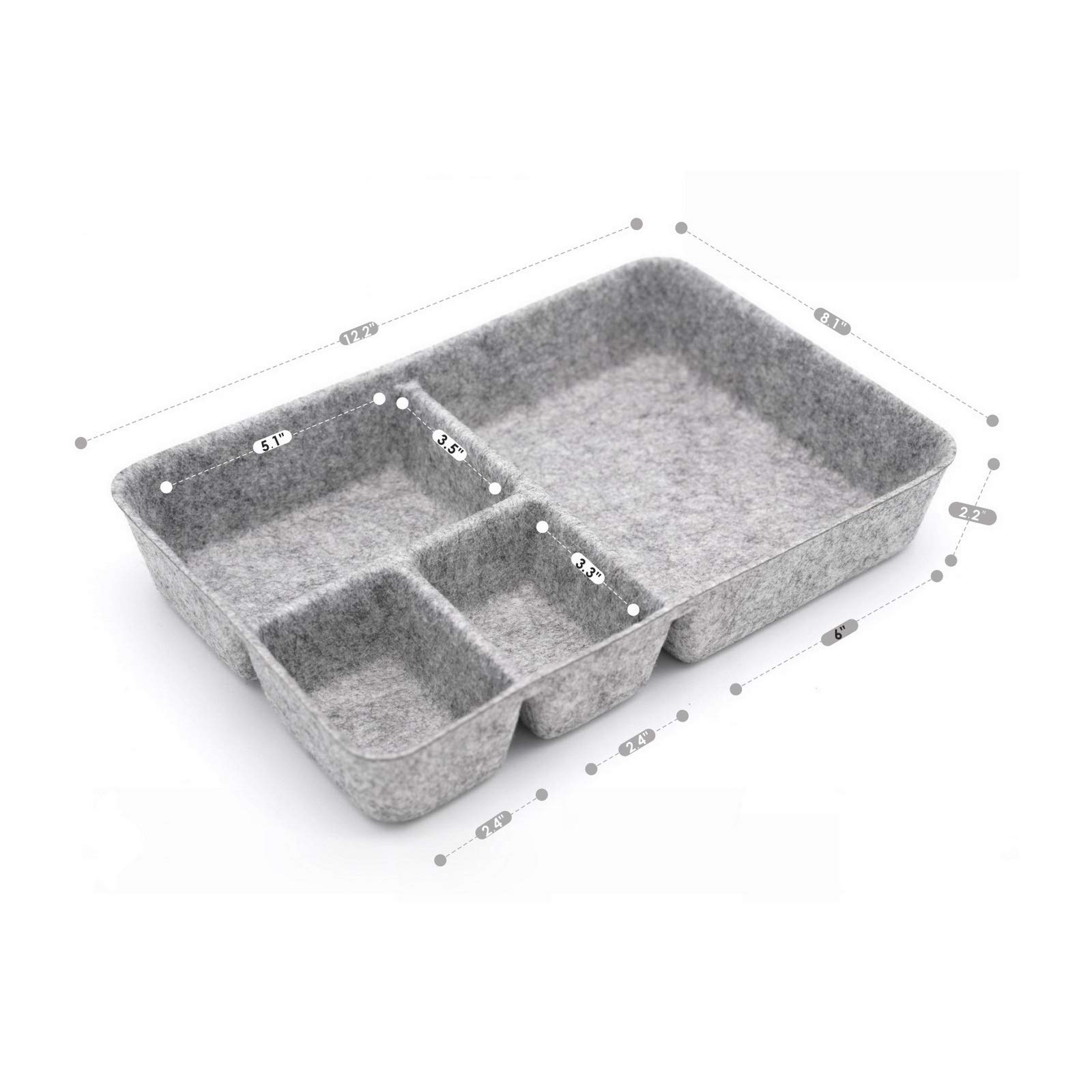 Welaxy 4-Compartment Junk Drawer Organizer Bin - Multi-Purpose Felt Storage Tray with Dividers for Office, Kitchen & Bathroom Organization (Set of 2, Gray) - Perfect for Utensils, Makeup, Office Supplies & Small Items