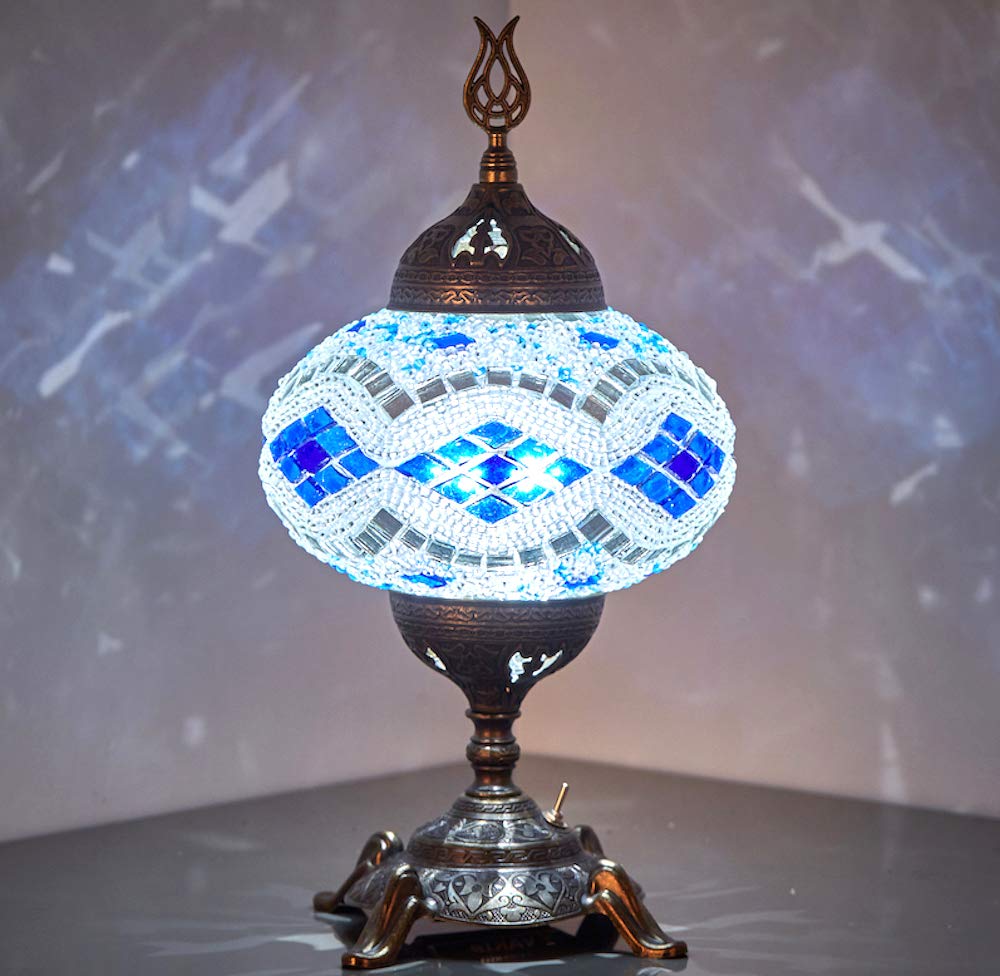 15-Color Battery Operated Mosaic Table Lamp with Built-in LED Bulb - Handcrafted Turkish Moroccan Style Night Light for Bedroom, Living Room, Office & Mood Lighting - Cordless Decorative Accent Lamp (Precious Design)