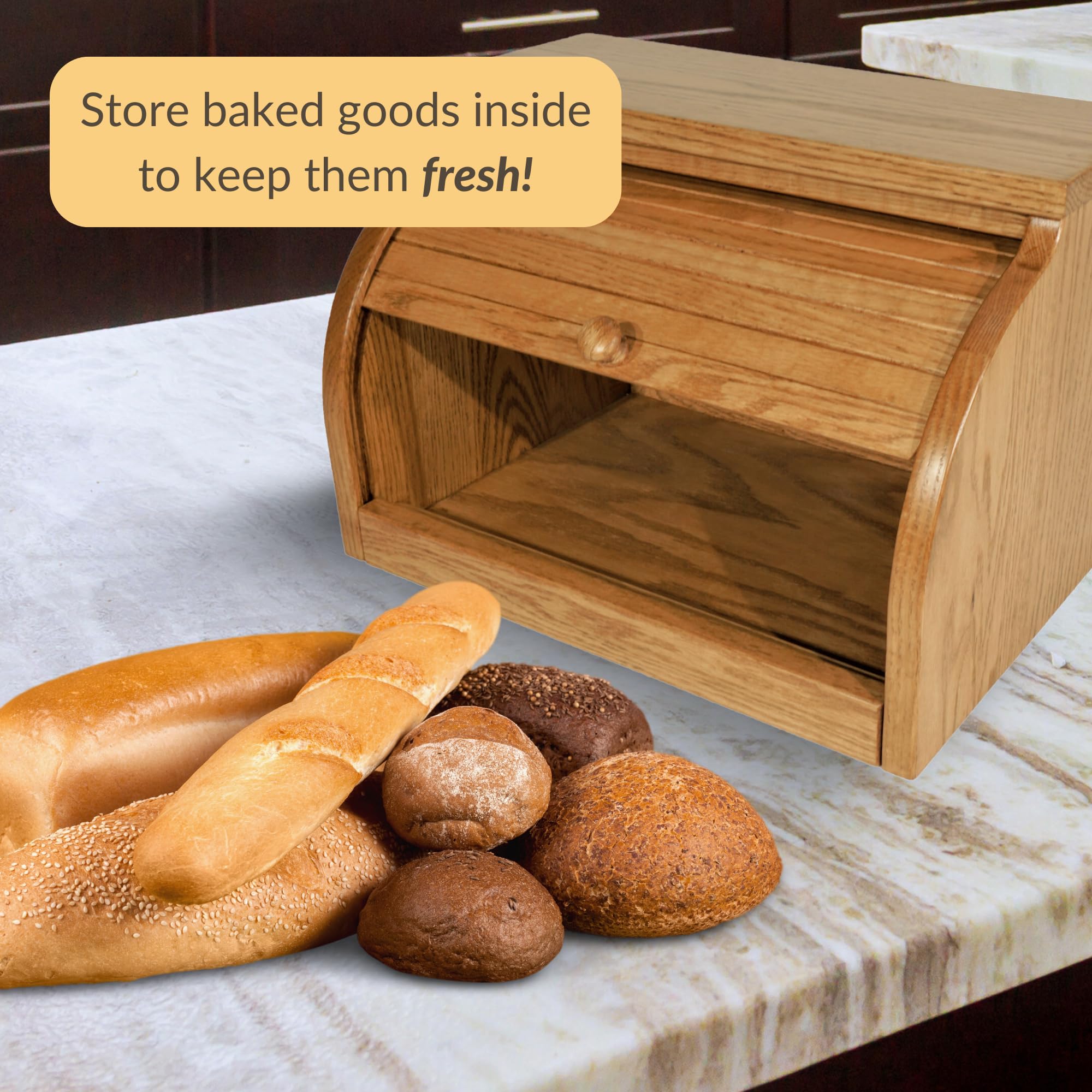 Amish USA Made Solid Oak Bread Box - Large Kitchen Countertop Bread Holder with Chestnut Finish | Perfect for Storing Bread, Baguettes, and Pastries on Your Counter