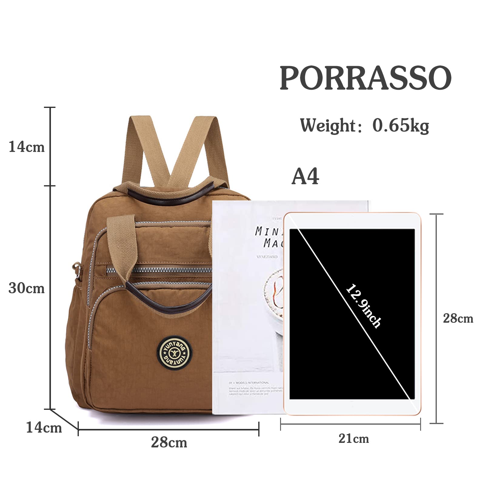 PORRASSO Women's Casual Backpack & Crossbody Shoulder Bag - Lightweight Nylon Daypack for Work, Travel & Daily Use (Khaki) | Perfect for Office Commute, College Campus & Weekend Adventures