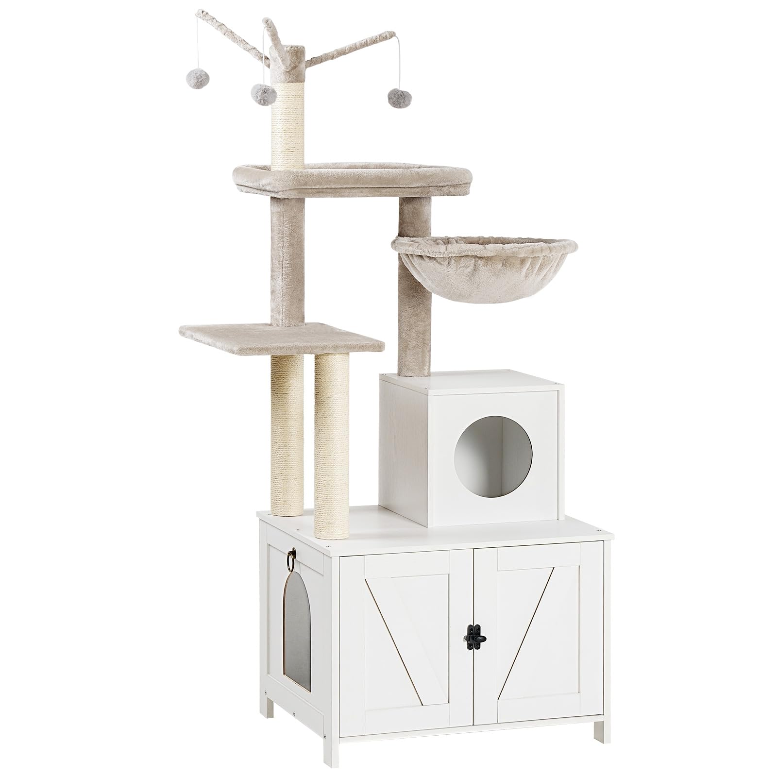 HOOBRO White Wooden Cat Tree Tower with Scratching Posts & Hidden Litter Box Enclosure - All-in-One Indoor Cat Condo Furniture for Play, Rest & Privacy - Perfect for Small Spaces & Multi-Cat Homes