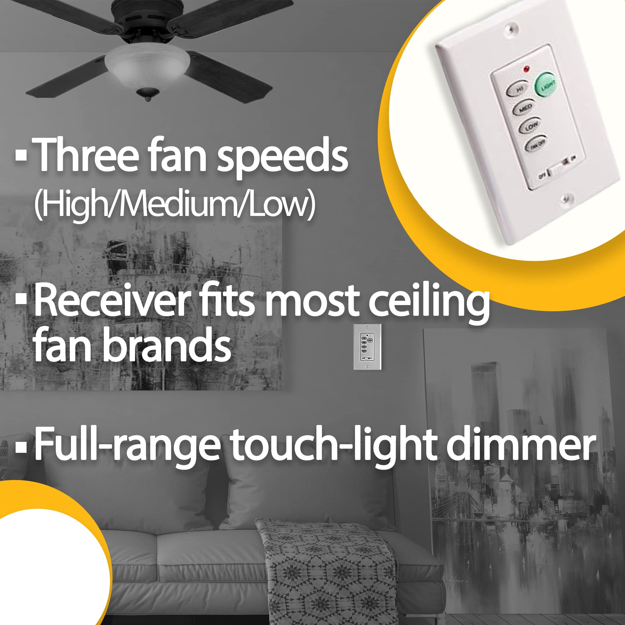 Wireless Ceiling Fan and Light Wall Control Kit - 3 Pack with 3 Fan Speeds & Dimmable Light - Smart Home Lighting Control for Living Room, Bedroom, Office