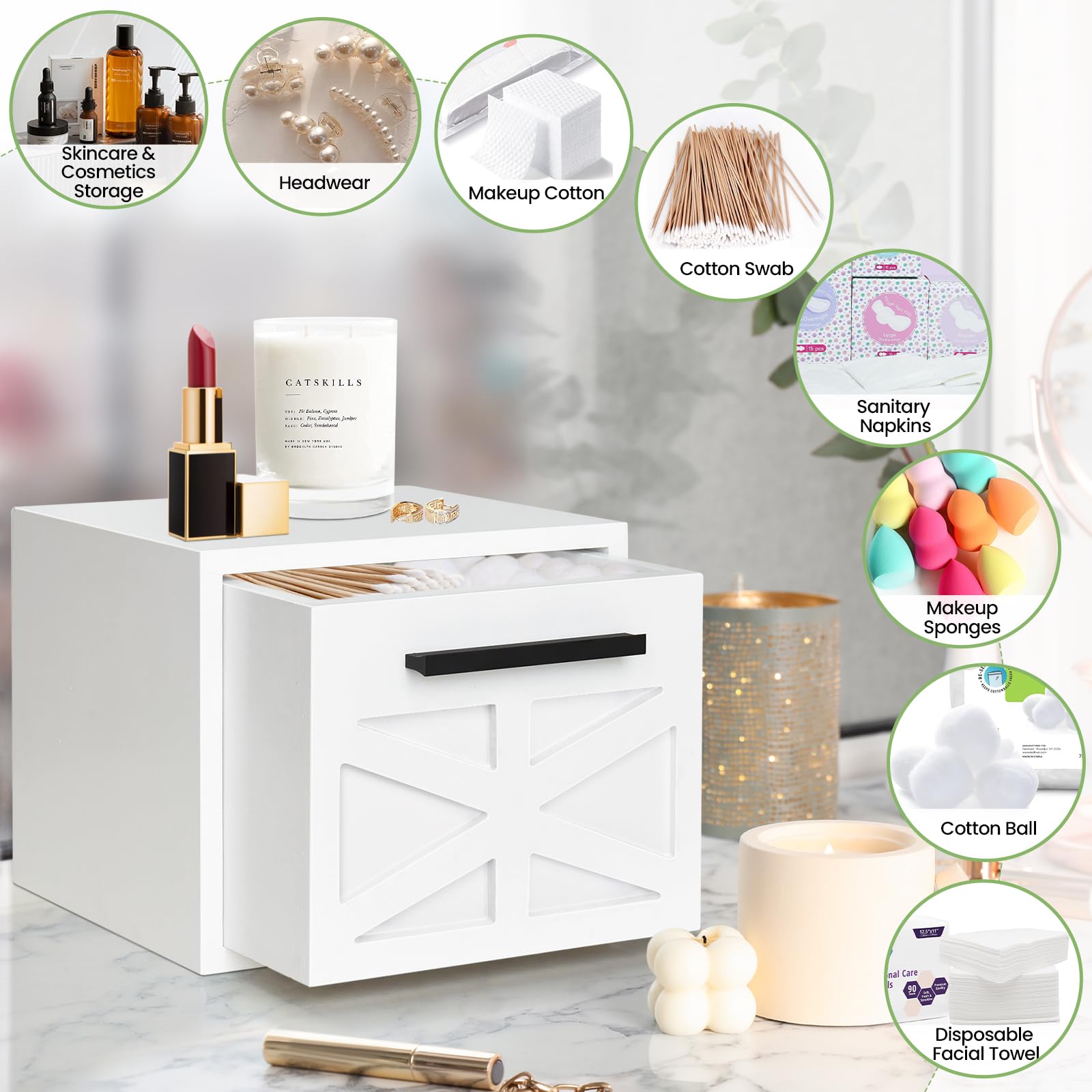 Premium Disposable Face Towels with Luxury Wooden Box Drawer - XL Cotton Makeup Remover Wipes & Washcloths Storage Organizer for Spa, Travel, and Daily Skincare Routine