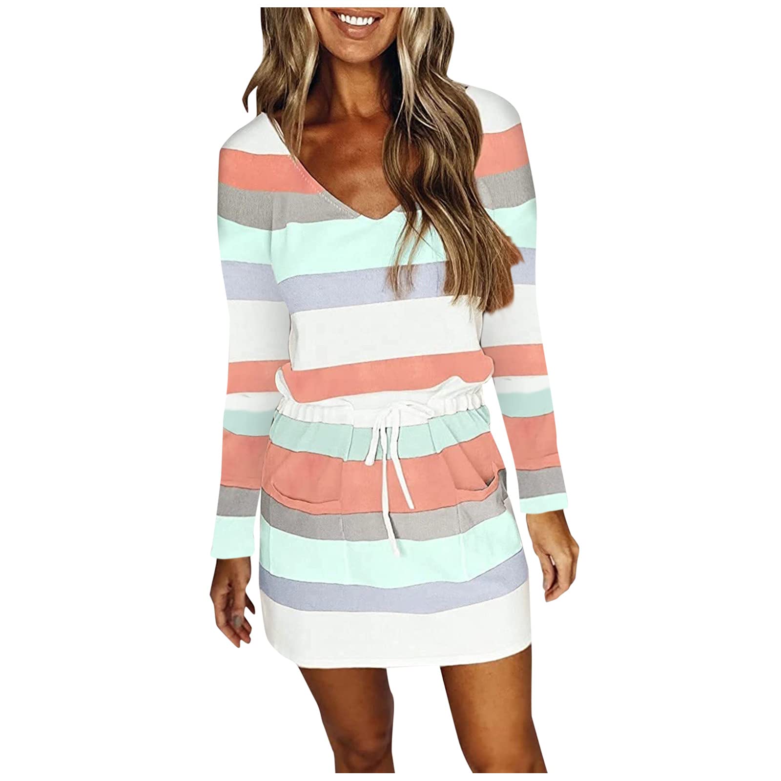 YHAIOGS Women's Summer V-Neck Swing Dress - Casual Long Sleeve Belted Stripe Splicing Plus Size Dress for Beach, Party & Office Wear