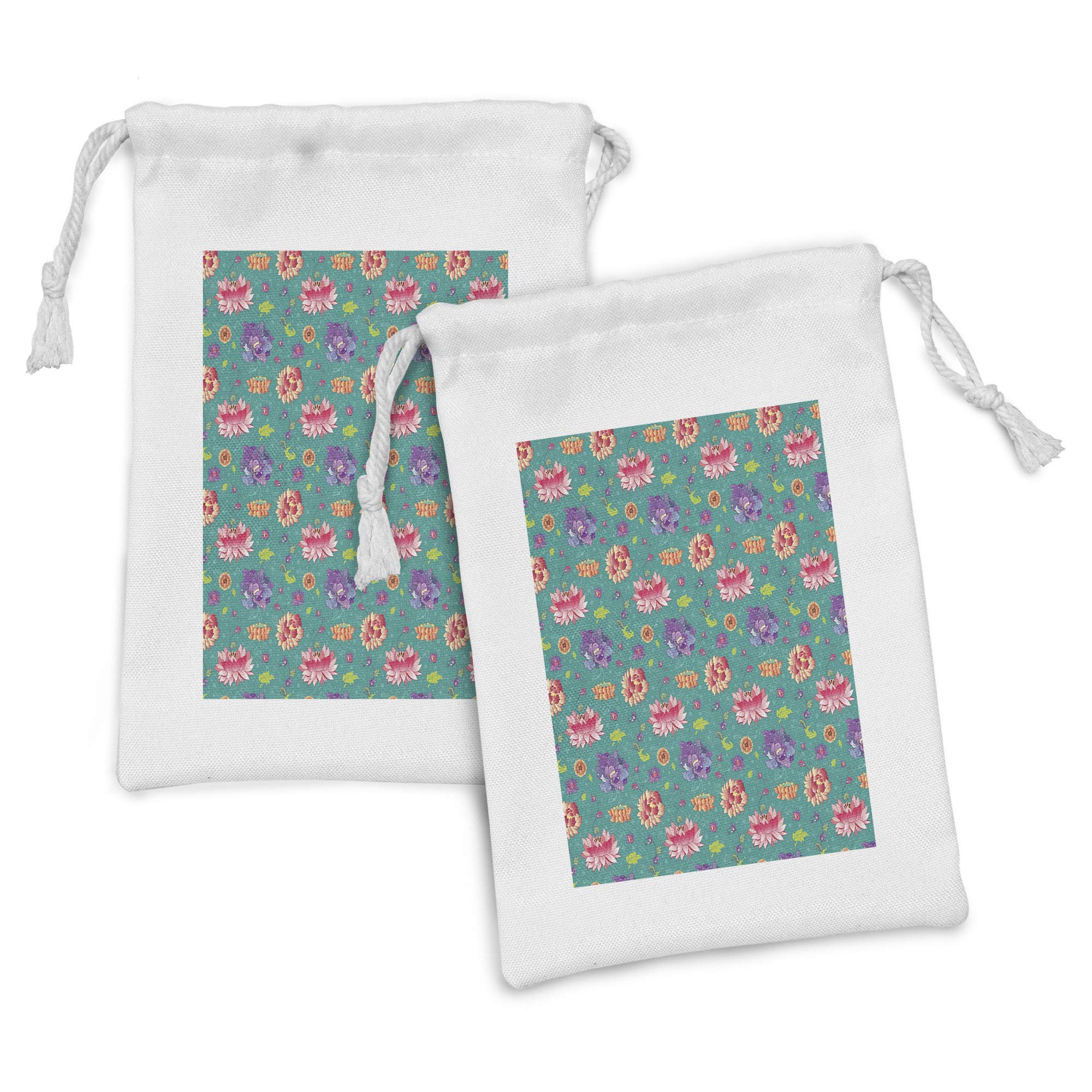 Ambesonne Floral Fabric Pouch Set of 2 - Lotus Peony Chrysanthemum Oriental Design Drawstring Bags (9