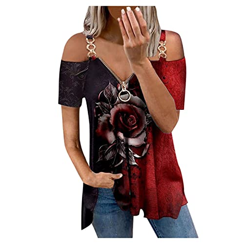 Sexy Women's V-Neck Off Shoulder Lace Panel T-Shirt with Zipper Detail - Casual Summer Tops for Women - Perfect for Date Night, Beach Outings & Weekend Wear