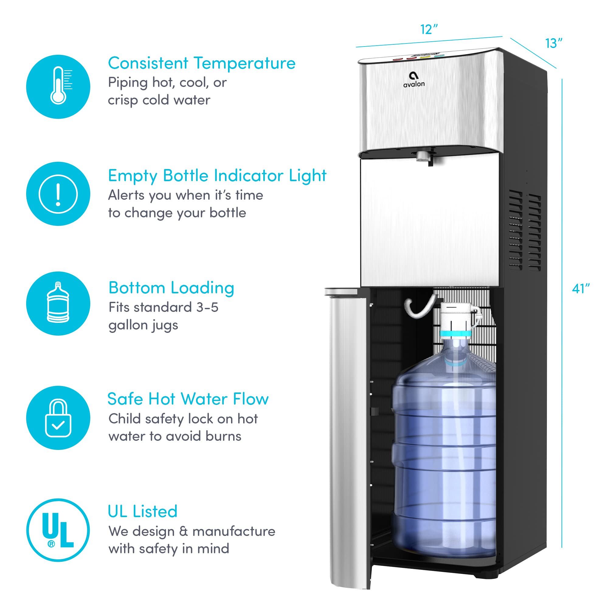 Avalon Electronic Bottom Loading Water Cooler Dispenser - 3 Temperature Settings (Hot, Cold & Room Temp), Stainless Steel Cabinet, Self-Cleaning | Perfect for Office, Home & Commercial Use
