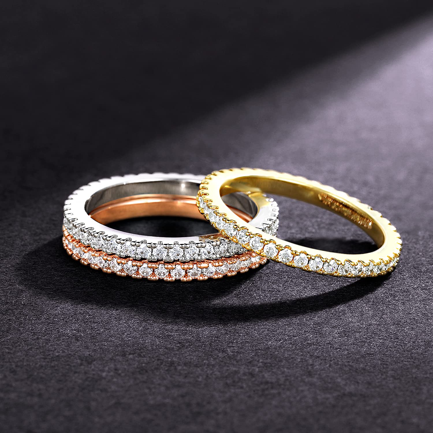 VOLUKA Eternity Stacking Rings for Women & Men - 18K Rose Gold Plated Cubic Zirconia Thin Band Rings - Perfect for Layering, Stacking & Everyday Wear