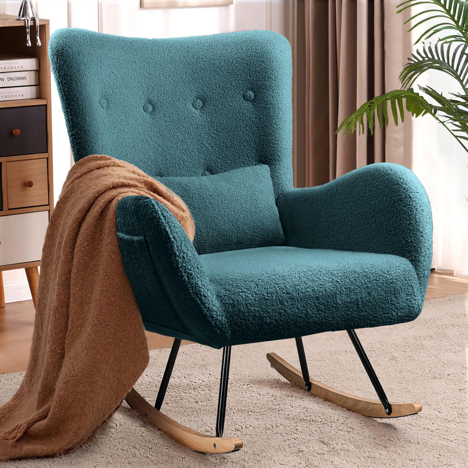 Waleaf Teddy Upholstered Rocking Chair - High Backrest Nursery Glider with Padded Seat, Comfortable Nursing Chair for Bedroom, Living Room & Nursery (Dark Green) - Perfect for Breastfeeding, Reading & Relaxing