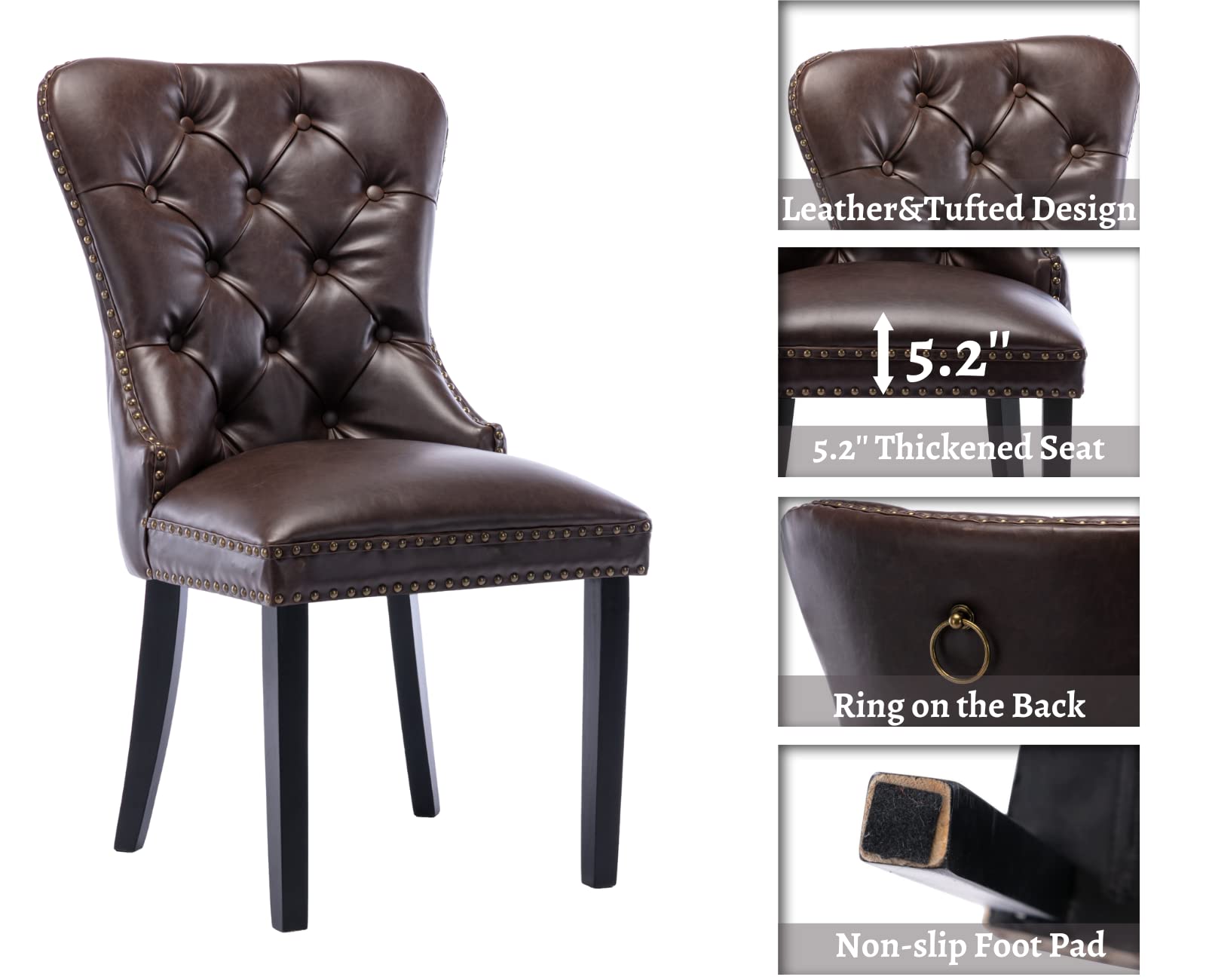 EALSON Mid Century Modern Dining Chairs Set of 2 - Leather Upholstered Kitchen Side Chairs with Wood Legs, Tufted Back & Nail Head Trim - Perfect for Dining Room, Living Room or Coffee Shop Decor