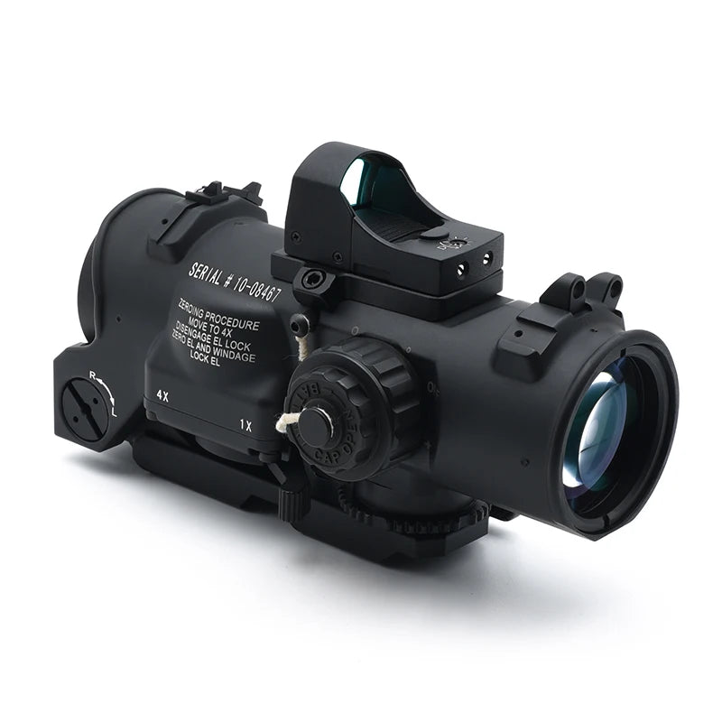 Tactical Rifle Scope DR 1-4x Fixed Dual Field of View with Red Illuminated Reticle - Full Markings for Airsoft, Hunting & Outdoor Shooting | Perfect for Low Light Conditions & Tactical Operations