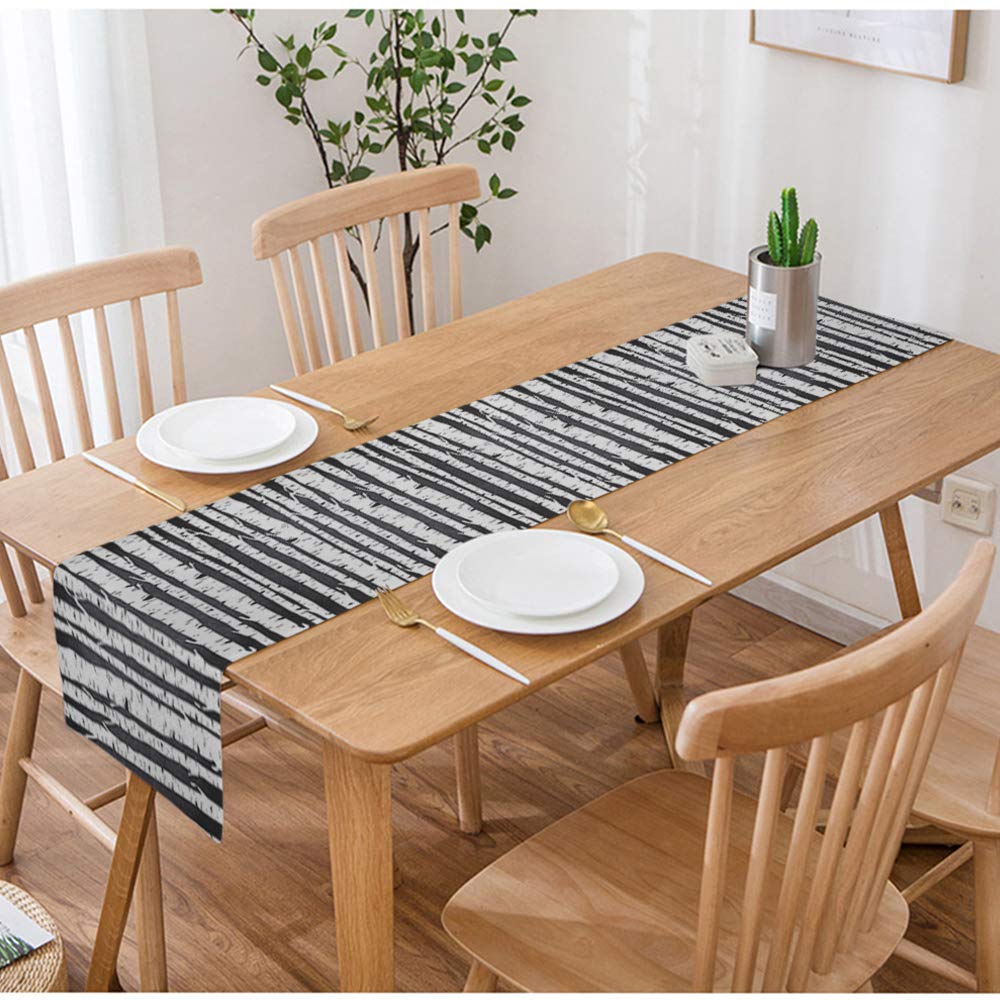 Swono Black and White Birch Forest Table Runner - 14x72 Inch Cotton Linen Kitchen Dining Table Decor for Coffee Tea Party, Wedding, Holiday Dinner | Non-Slip & Washable