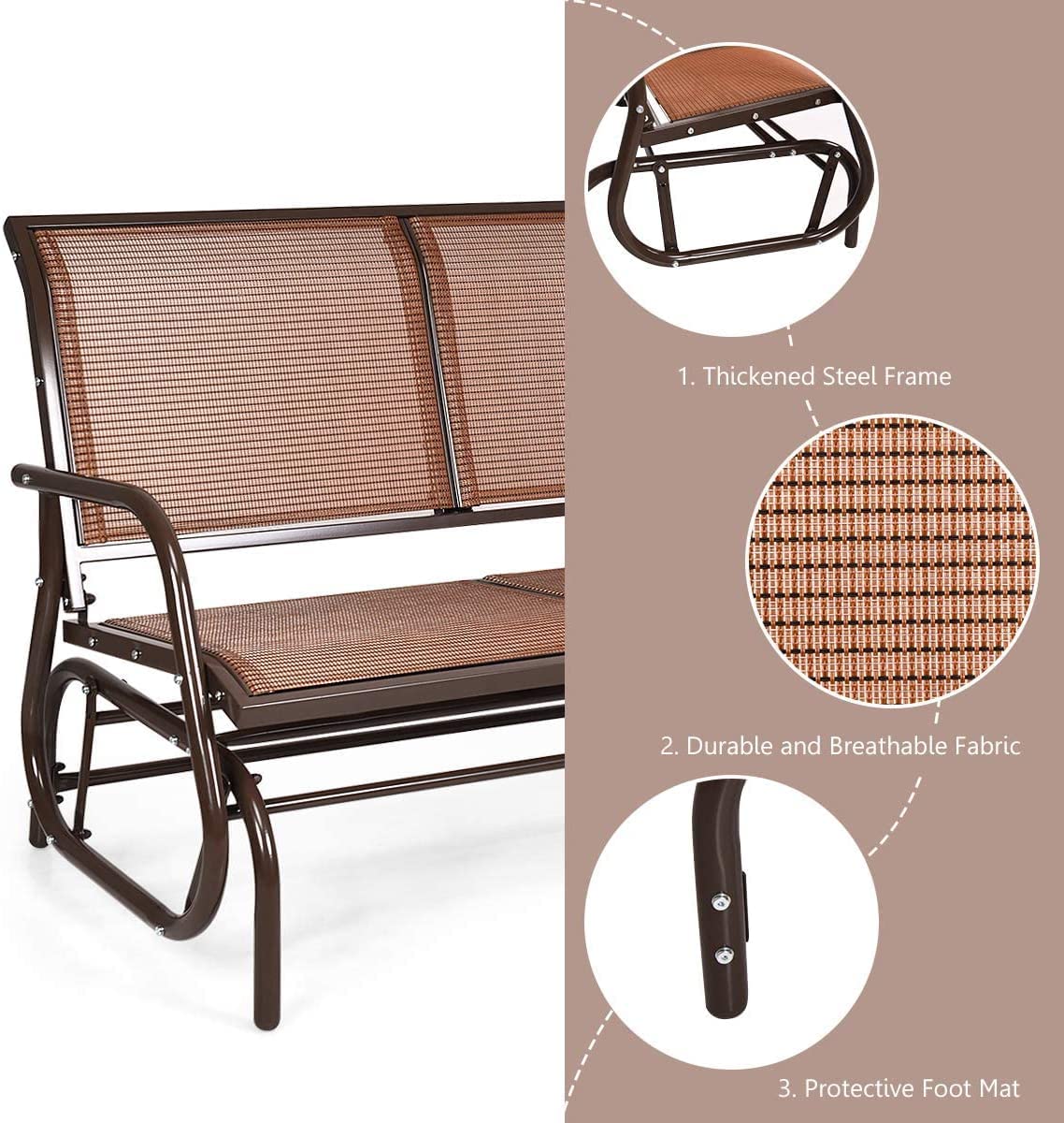 LUARANE Heavy-Duty 2-Person Outdoor Swing Glider Chair with Steel Frame - Double Seat Rocking Bench for Backyard, Garden, Poolside & Lawn Relaxation (Brown) | Perfect for Porch Swinging, Patio Lounging and Outdoor Leisure Time